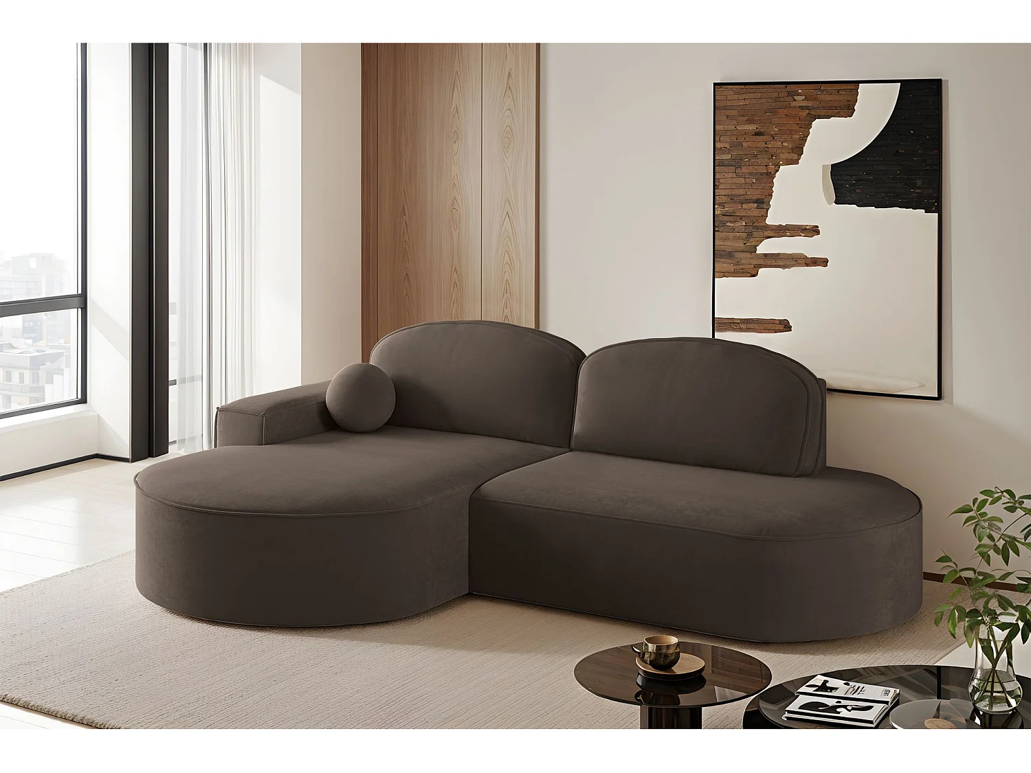 Canapé d'angle avec fonction couchage et coffre de lit Modena Round tissu Salvador Dark Brown Gauche