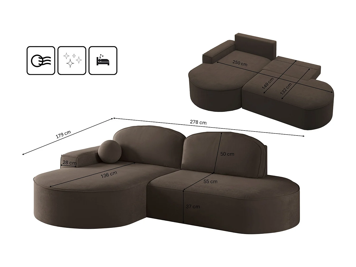 Canapé d'angle avec fonction couchage et coffre de lit Modena Round tissu Salvador Dark Brown Gauche