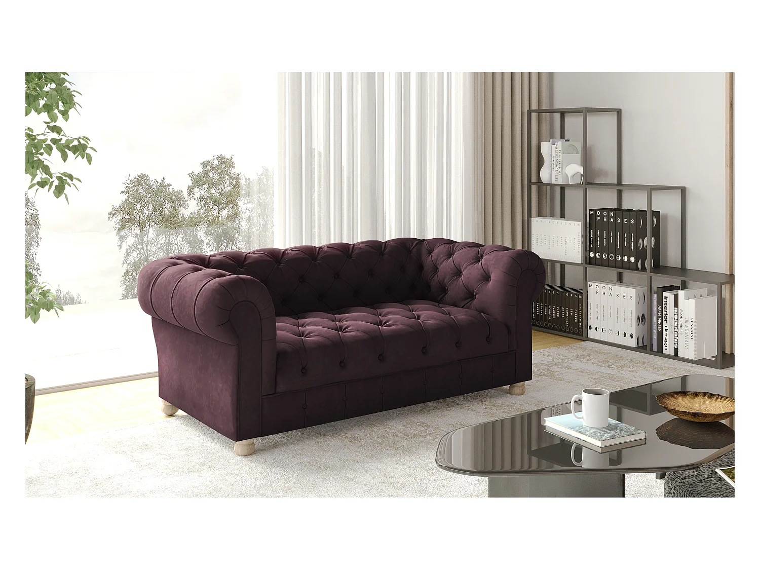 CHESTERFIELD tweezitsbank, Whisper-stof, rode wijn