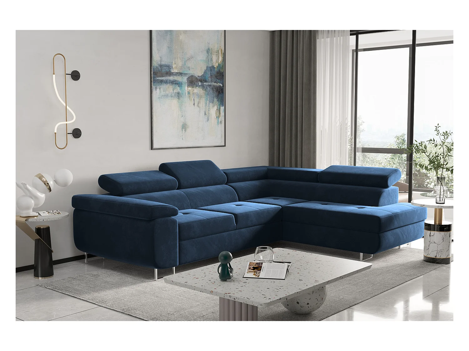 Canapé d'angle ATOM avec fonction couchage, tissu Monolith, bleu foncé, droit