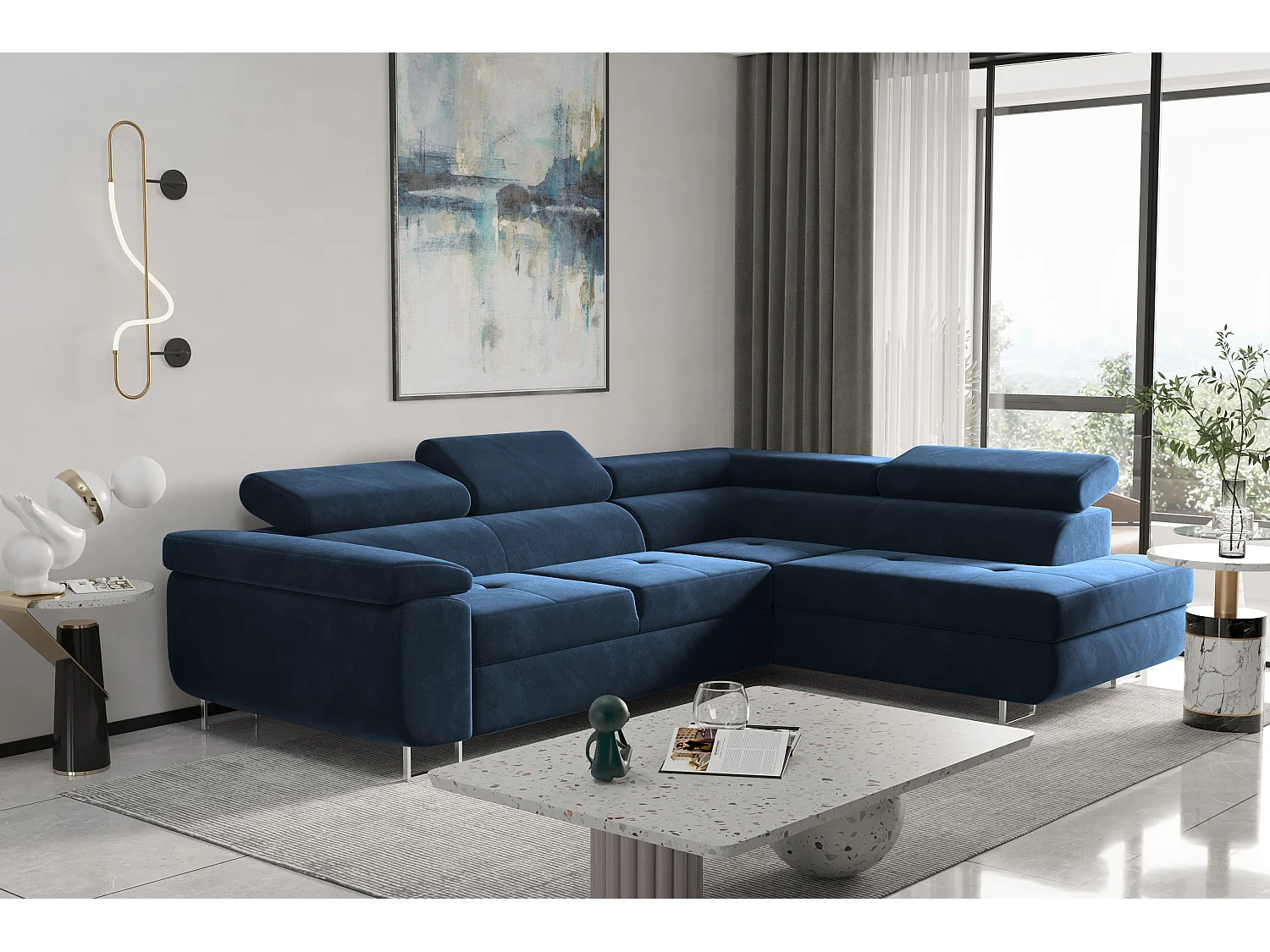 Canapé d'angle ATOM avec fonction couchage, tissu Monolith, bleu foncé, droit