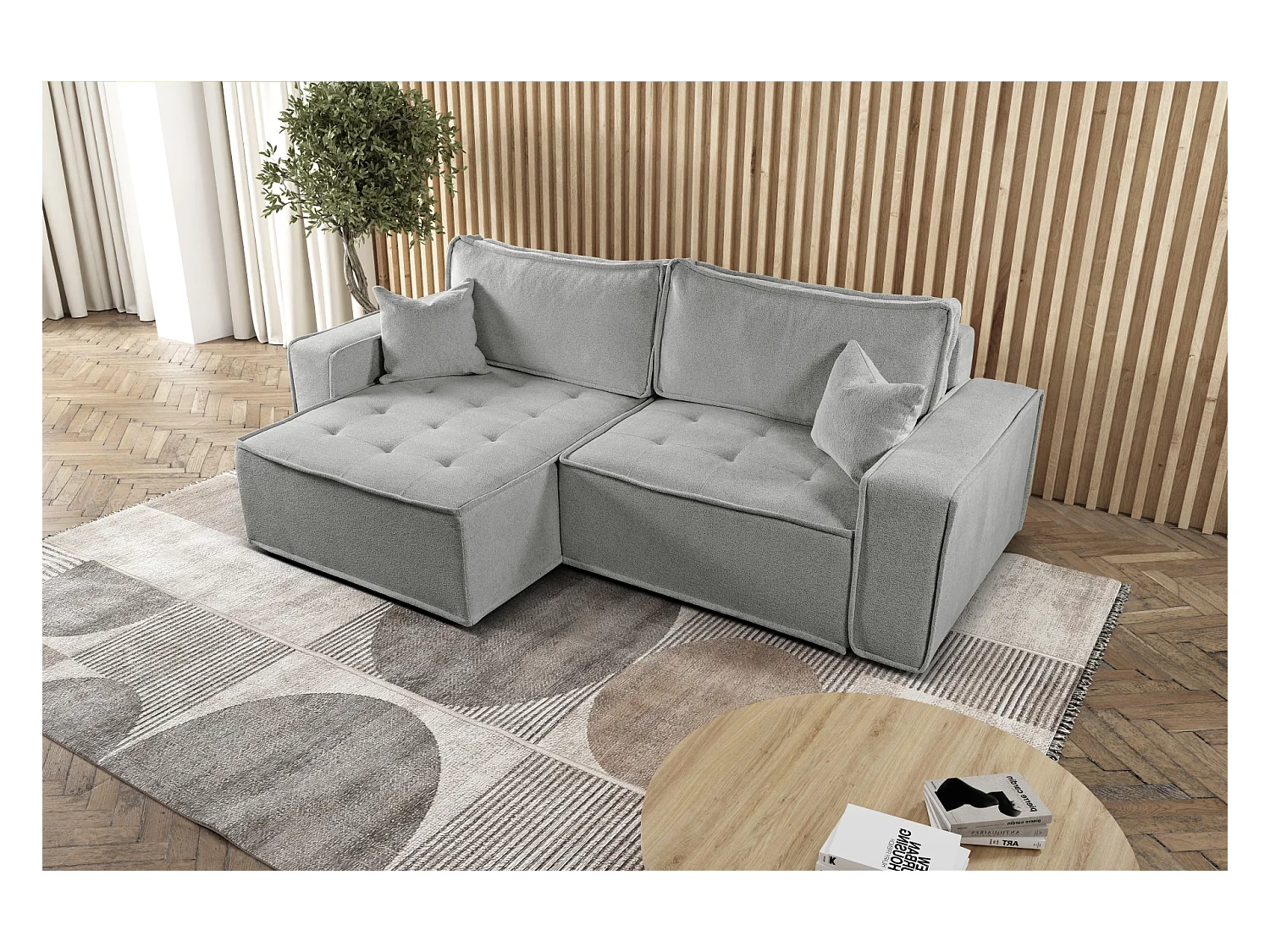 L-förmiges Bohoo-Ecksofa mit Schlaffunktion, Stoff Raven, Dunkelbeige, Links