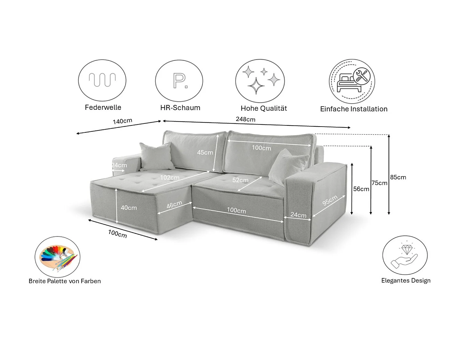 Canapé d'angle Bohoo en L avec convertible, tissu Raven, beige foncé, gauche