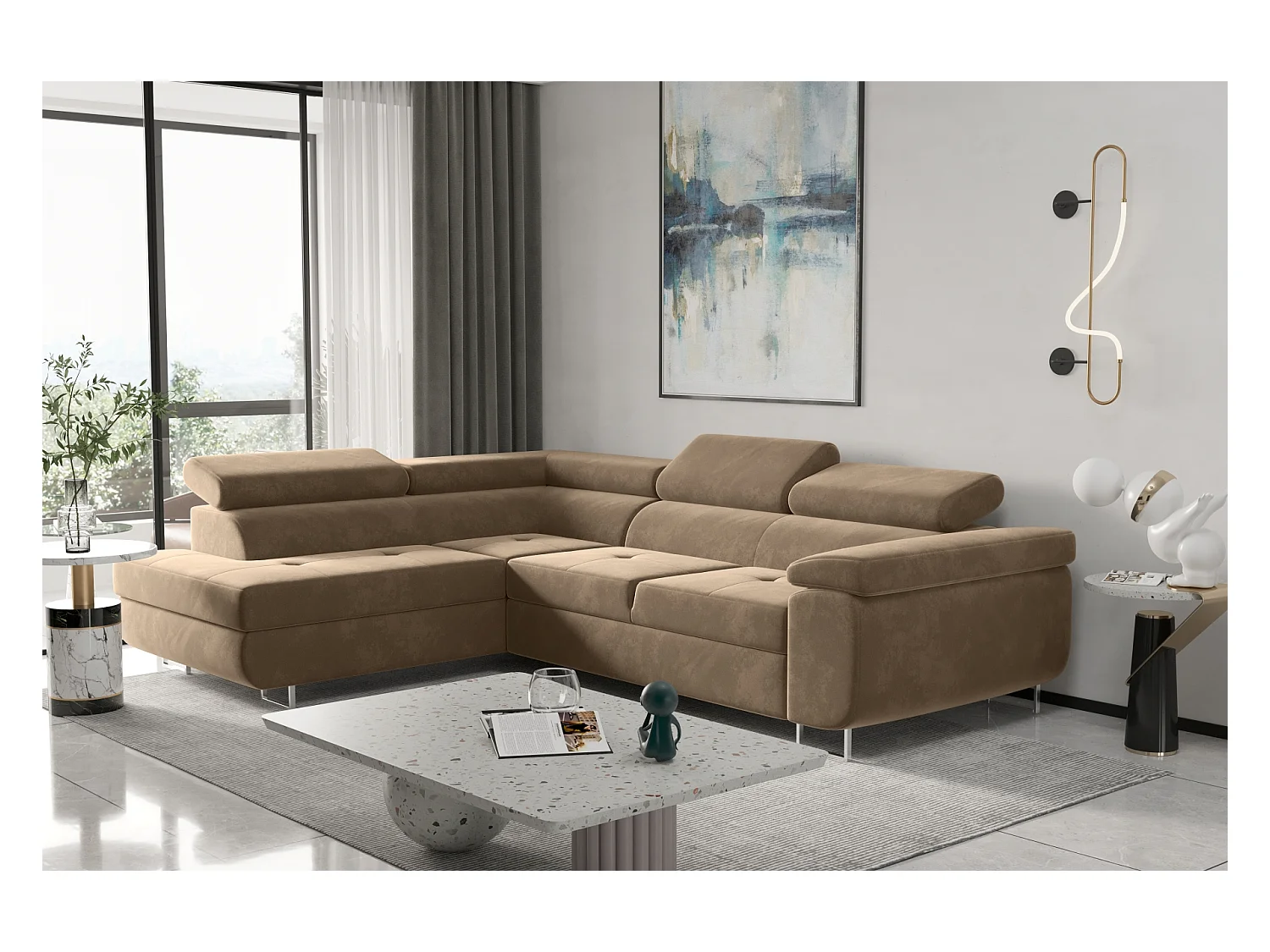 Canapé d'angle ATOM avec fonction couchage, tissu Monolith, marron clair, gauche
