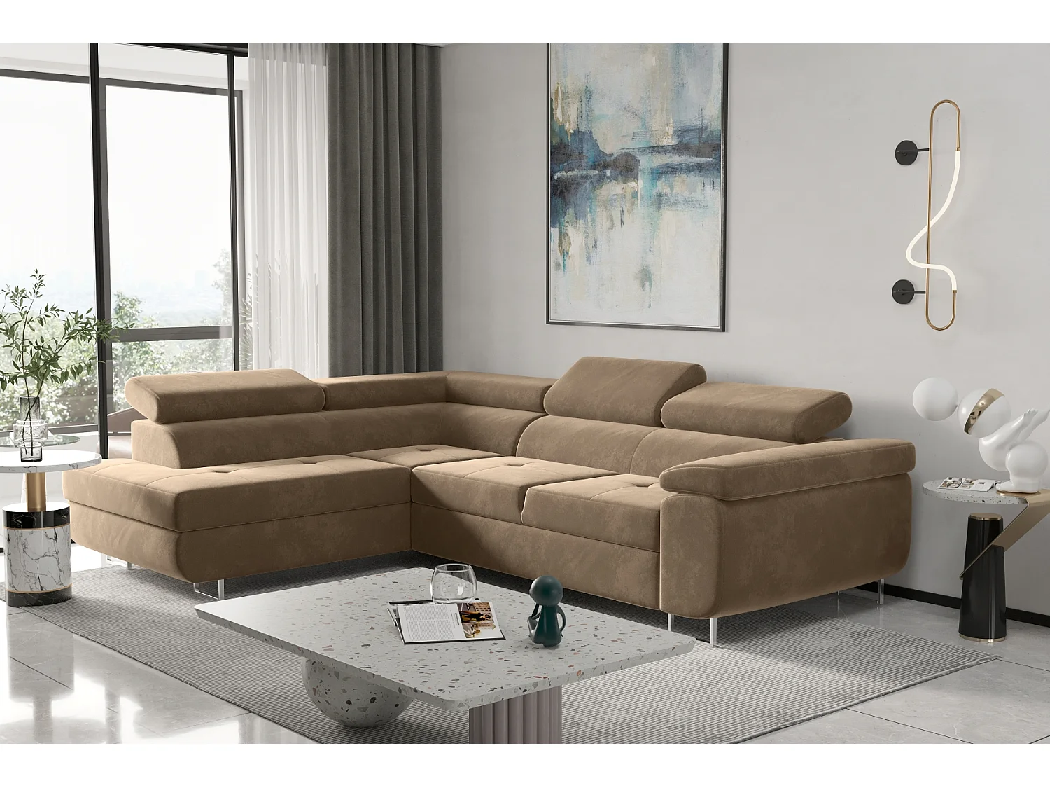 Canapé d'angle ATOM avec fonction couchage, tissu Monolith, marron clair, gauche