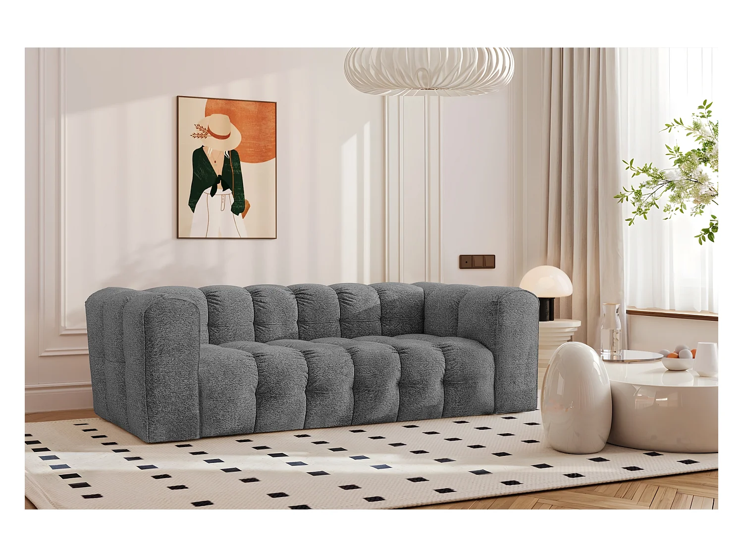 Sofa 3-Sitzer, Komfort Couch BALOO, stoff Schenille & Bouclé, Anthrazit