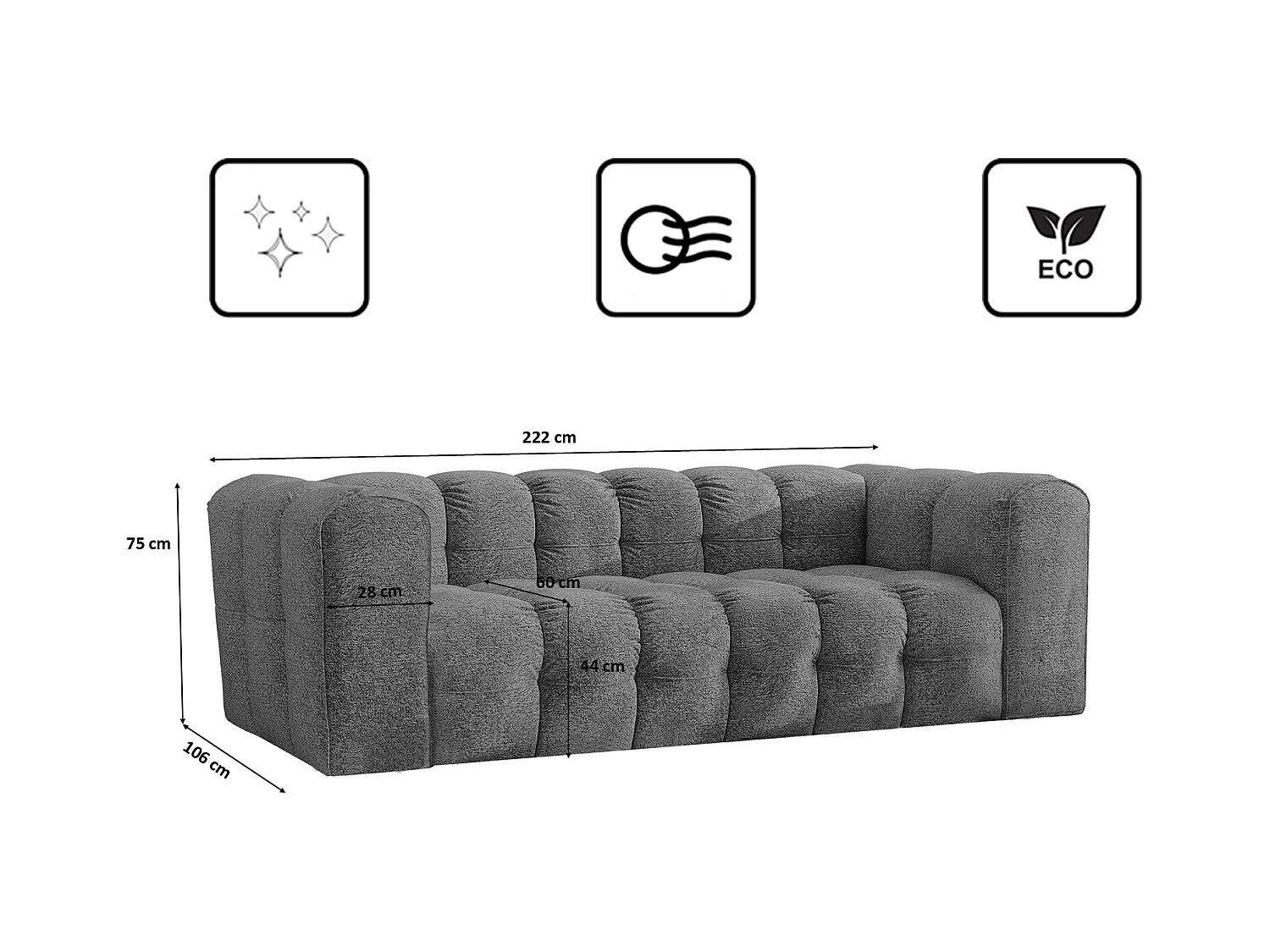 Sofa 3-Sitzer, Komfort Couch BALOO, stoff Schenille & Bouclé, Anthrazit
