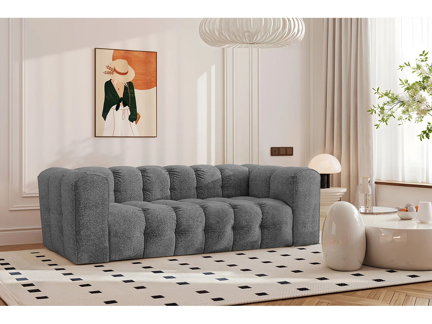 Sofa 3-Sitzer, Komfort Couch BALOO, stoff Schenille & Bouclé, Anthrazit