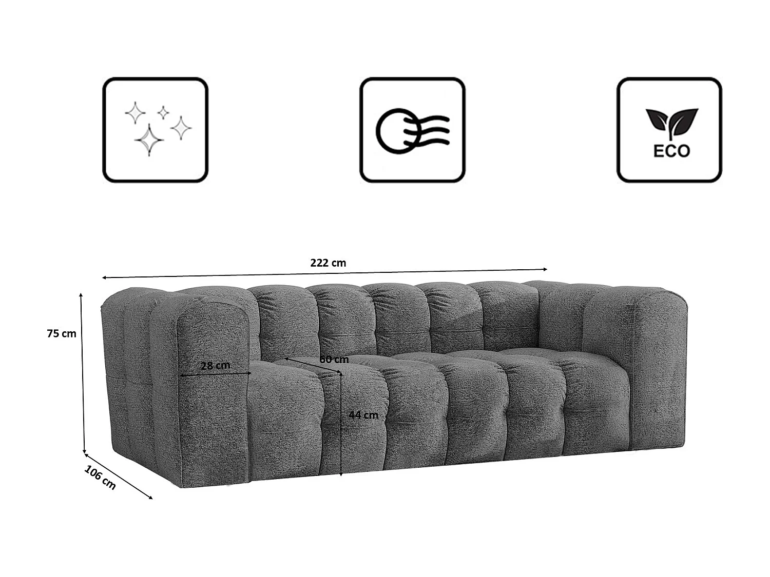 Sofa 3-Sitzer, Komfort Couch BALOO, stoff Schenille & Bouclé, Anthrazit