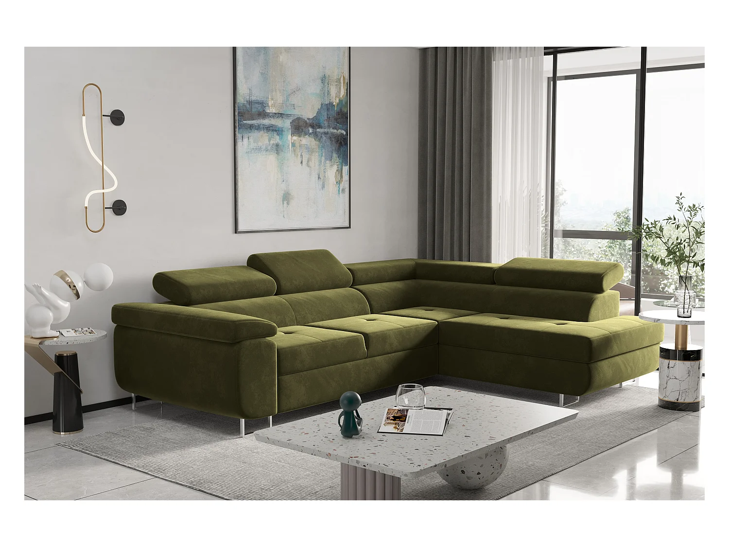 Canapé d'angle ATOM avec fonction couchage, tissu Monolith, olive, droite