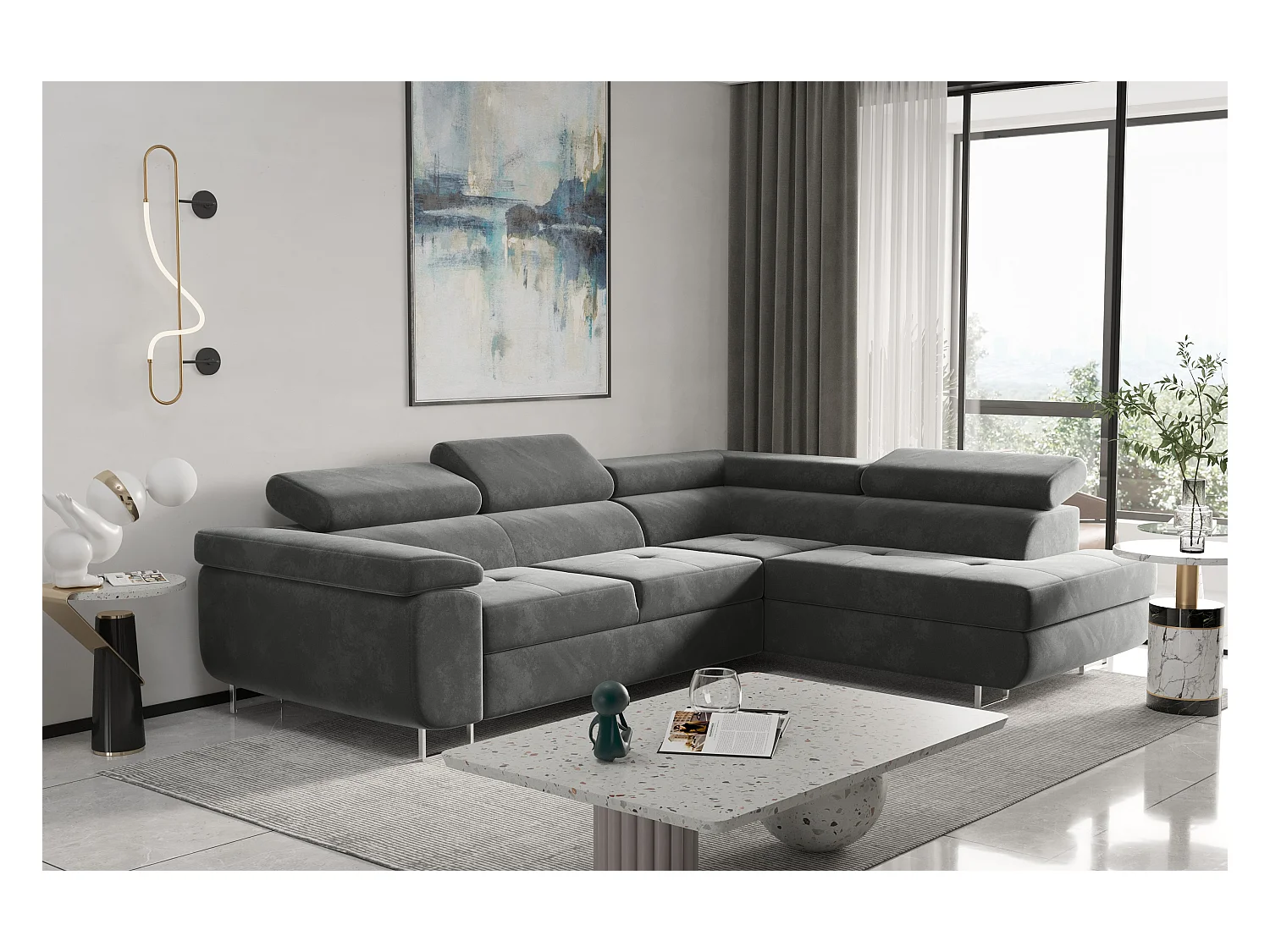 Canapé d'angle ATOM avec fonction couchage, tissu Monolith, gris, droit