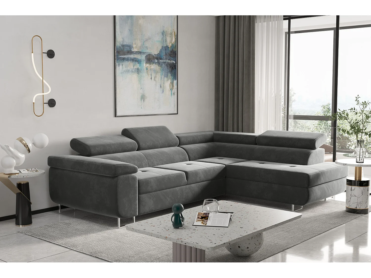 Canapé d'angle ATOM avec fonction couchage, tissu Monolith, gris, droit