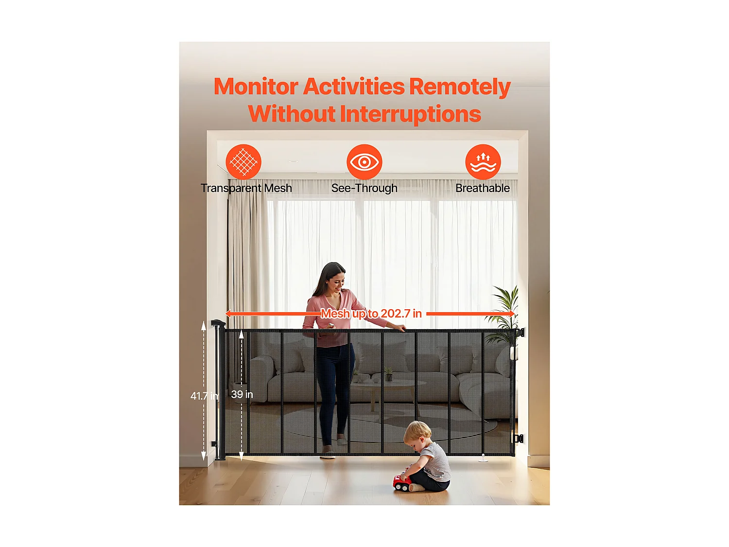 Veiligheidsbarrière SucceBuy Uitbreidbaar, Hekwerk uit Gaas Tot 515 cm Breed en 99 cm Hoog, Barrière Retractiel met Versterkte Banden