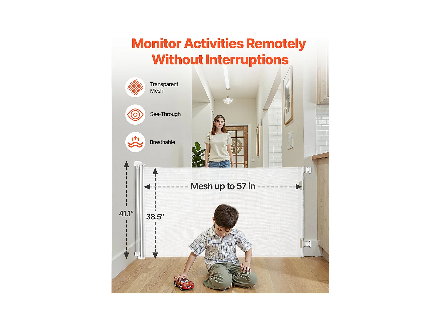 Sicherheitsbarriere SucceBuy Erweiterbar, Zaun aus Mesh 145 cm Breit und 98 cm Hoch, Barriere Retraktil für Haustiere, Ideal für Hunde und Katzen