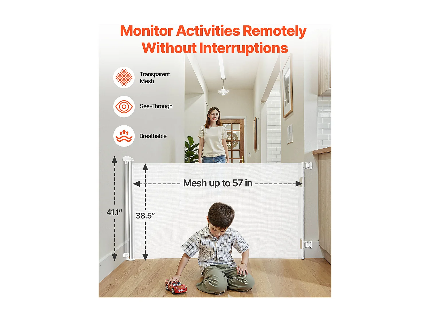 Barrière de Sécurité SucceBuy Extensible, Clôture en Maille 145 cm de Large et 98 cm de Haut, Barrière Rétractable pour Animaux de Compagnie