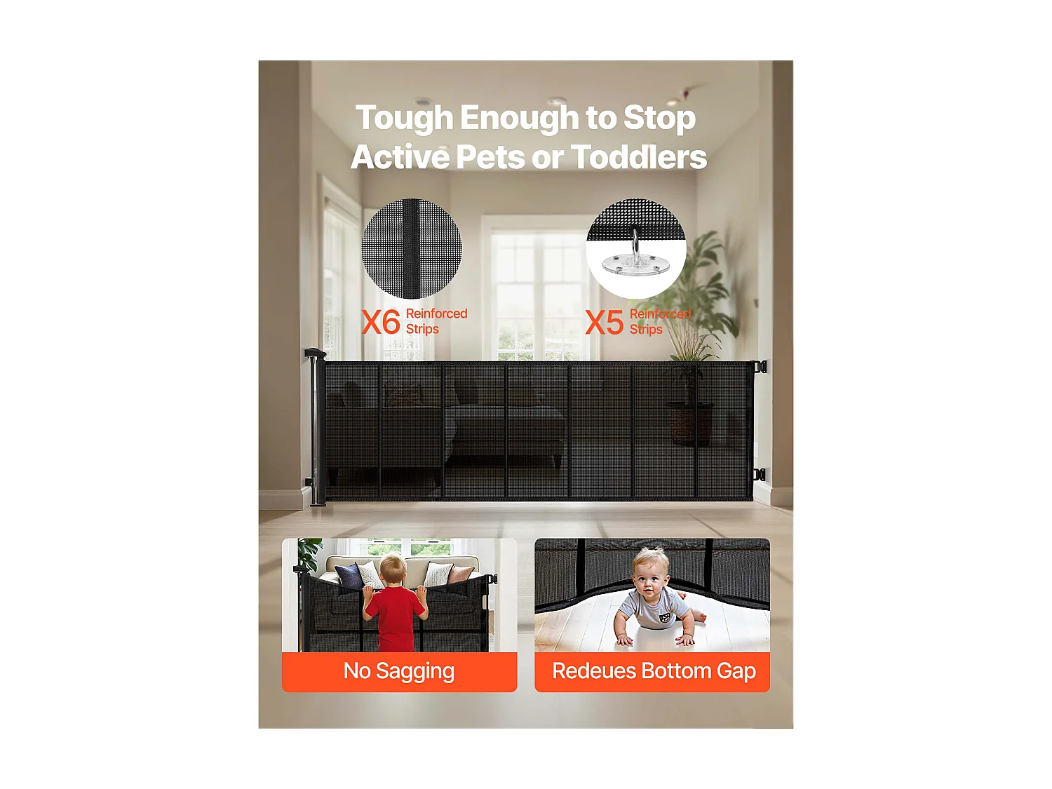 Barrière de Sécurité SucceBuy Extensible, Clôture en Maille Jusqu’à 305 cm de Large et 98 cm de Haut, Barrière Rétractable avec Bandes Renforcées