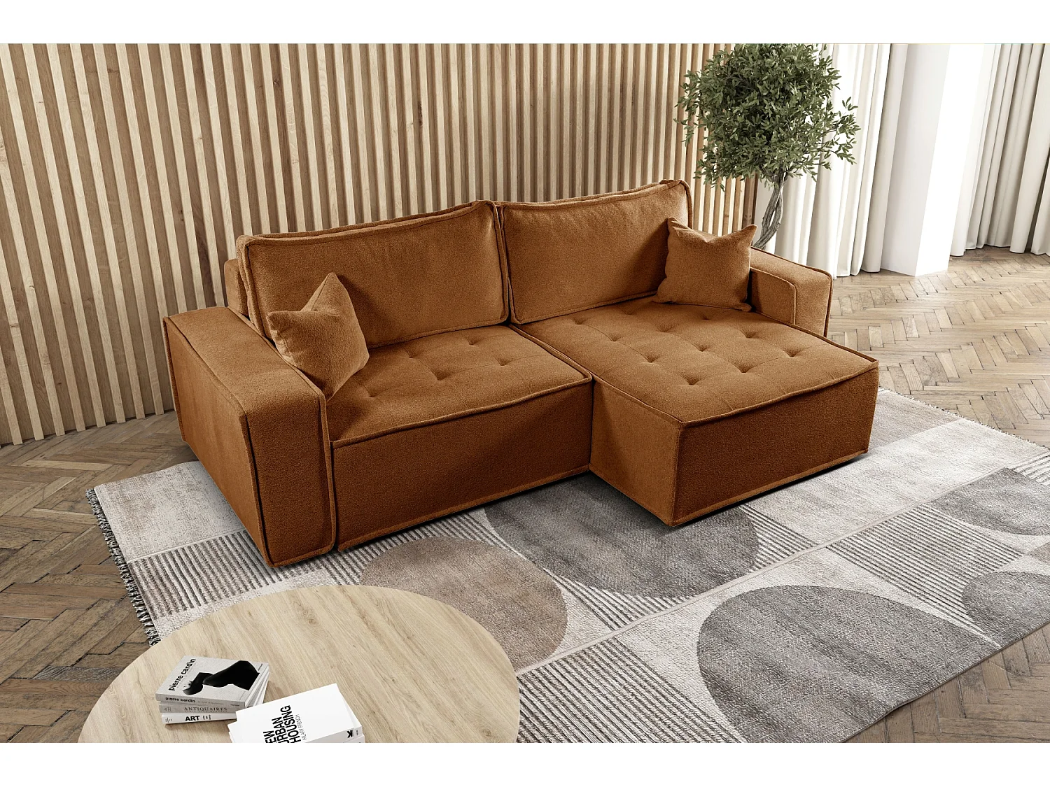 Canapé d'angle Bohoo en L avec convertible, tissu Raven, brique, droite