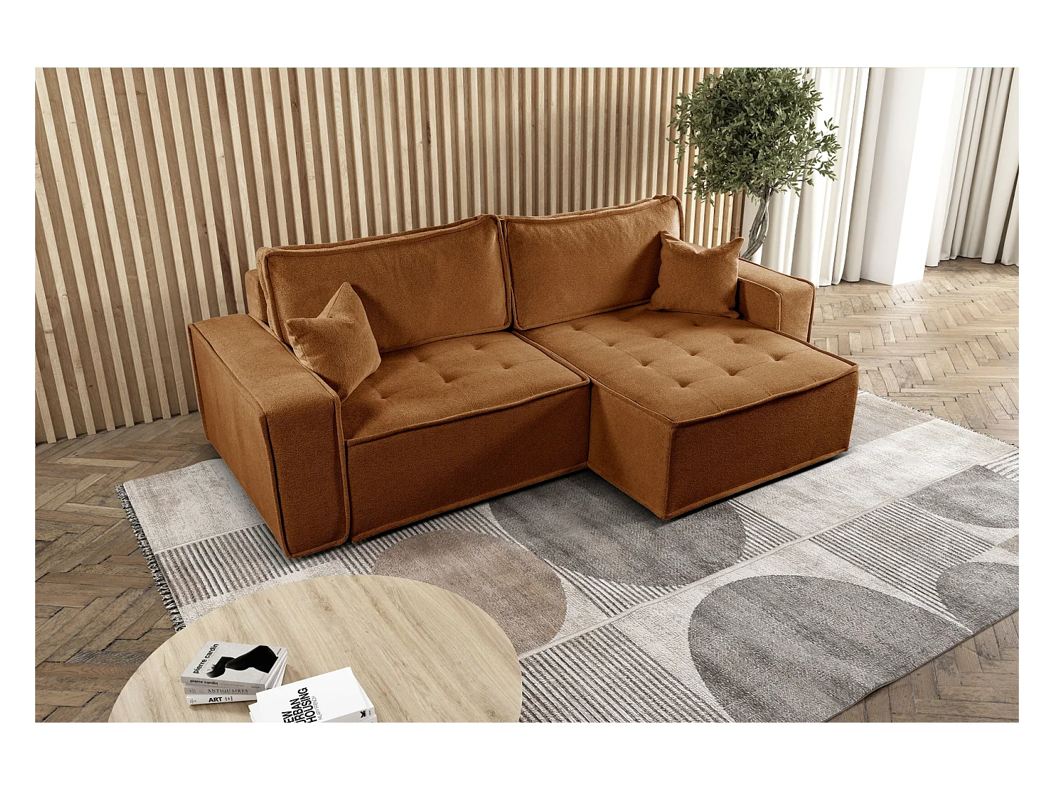 L-förmiges Bohoo-Ecksofa mit Schlaffunktion, Stoff Raven, Ziegel, Rechts