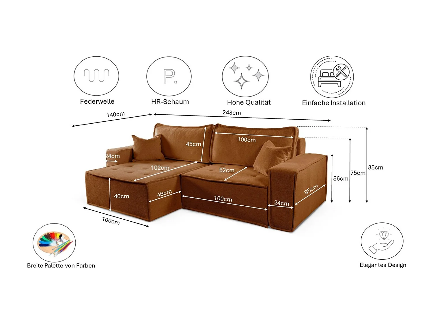 Bohoo L-vormige hoekbank met slaapbank, Raven stof, baksteen, rechts