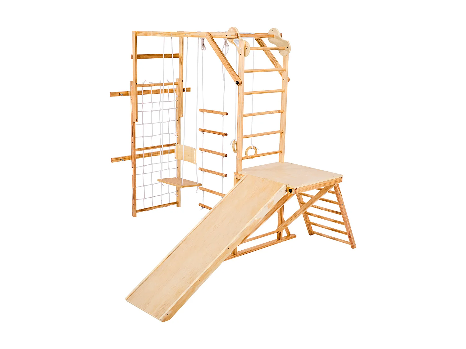 Area Giochi Interna SucceBuy in Legno 8-in-1, con Scivolo, Altalena, Sbarra per Scimmietta, Anelli da Ginnastica, Scala in Legno/Corda, per Bambini