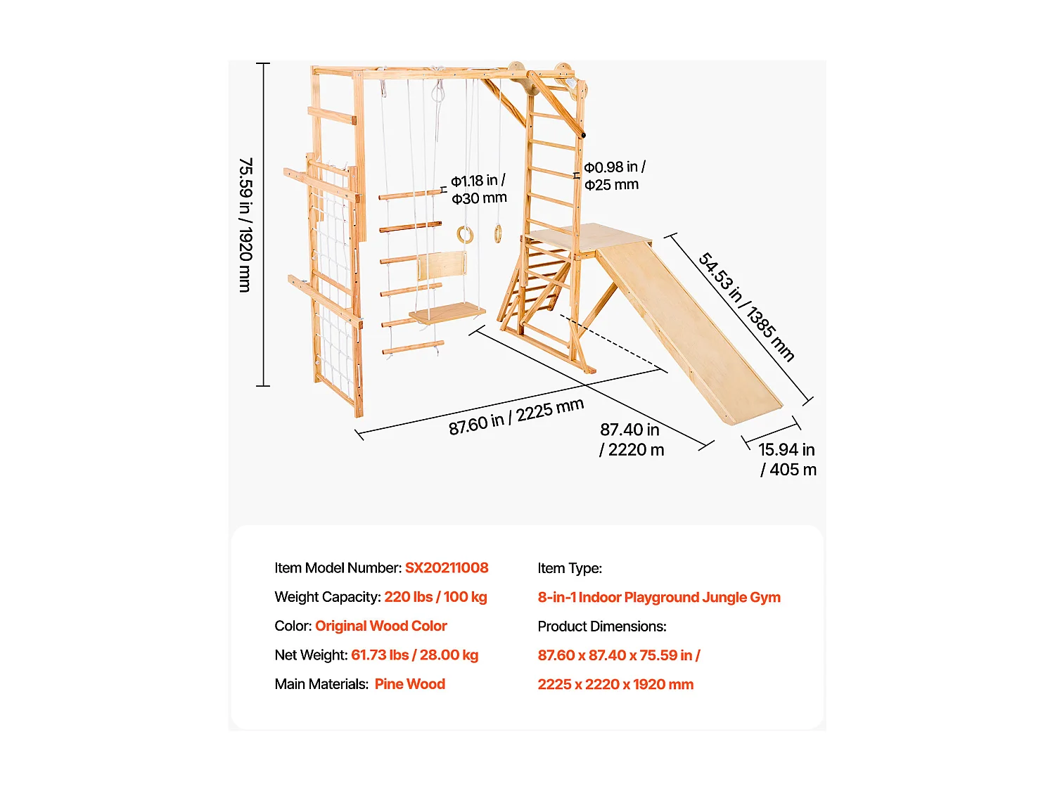 Area Giochi Interna SucceBuy in Legno 8-in-1, con Scivolo, Altalena, Sbarra per Scimmietta, Anelli da Ginnastica, Scala in Legno/Corda, per Bambini