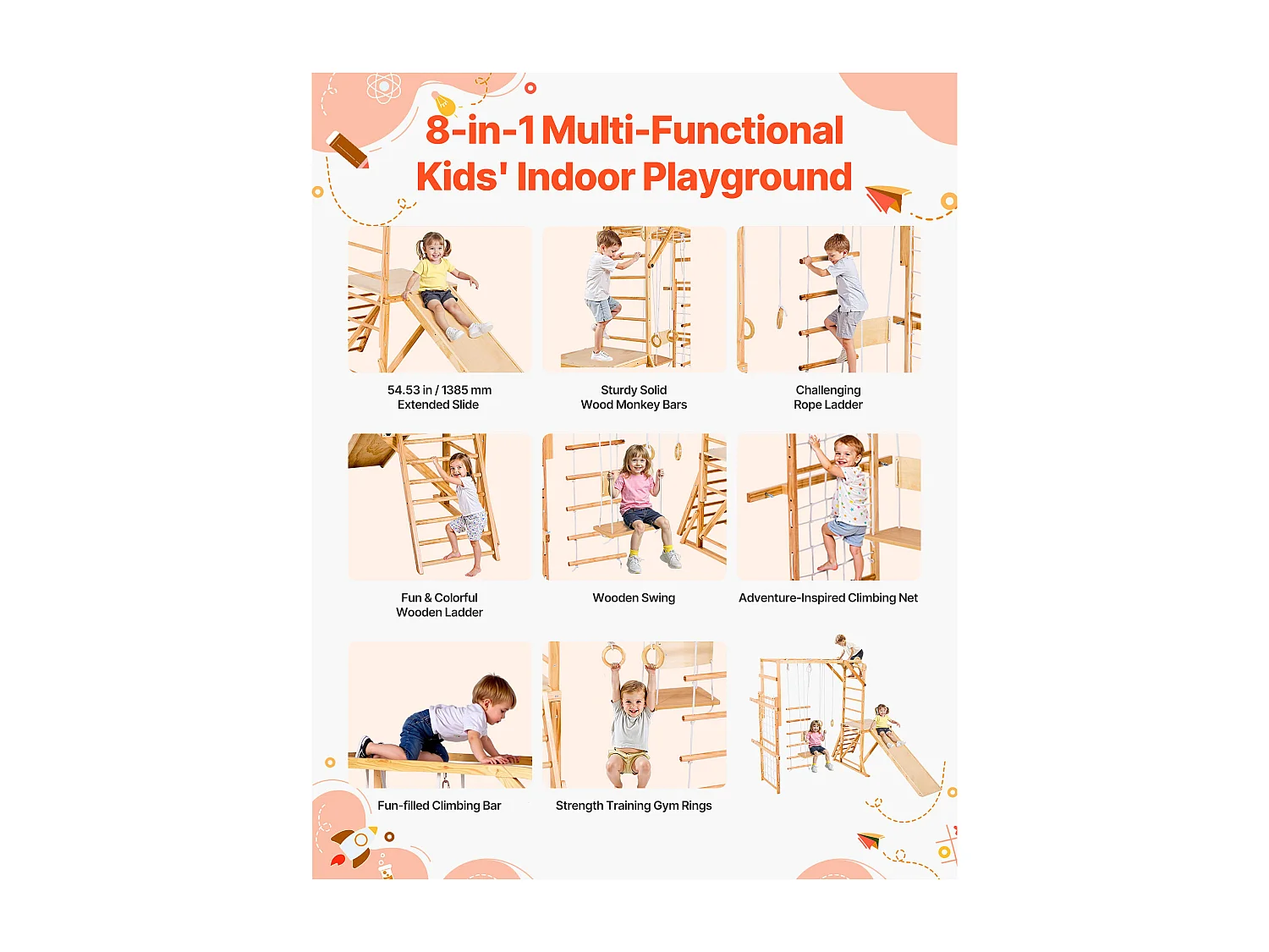 Area Giochi Interna SucceBuy in Legno 8-in-1, con Scivolo, Altalena, Sbarra per Scimmietta, Anelli da Ginnastica, Scala in Legno/Corda, per Bambini