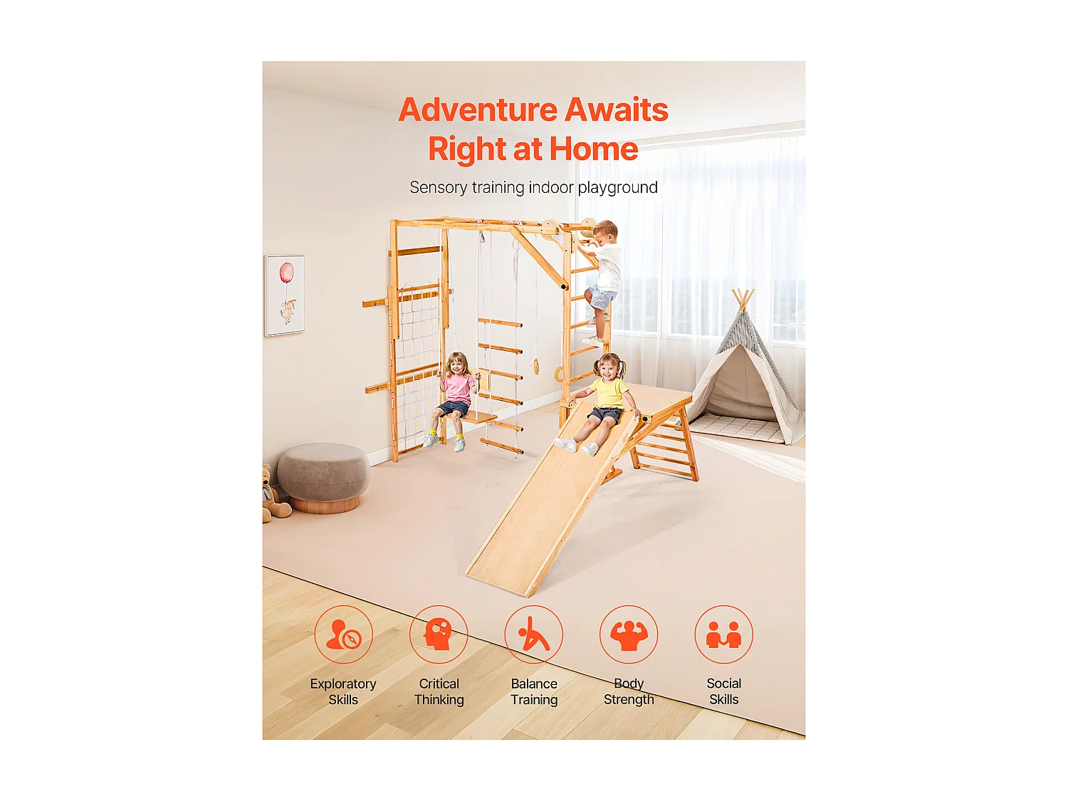 Area Giochi Interna SucceBuy in Legno 8-in-1, con Scivolo, Altalena, Sbarra per Scimmietta, Anelli da Ginnastica, Scala in Legno/Corda, per Bambini