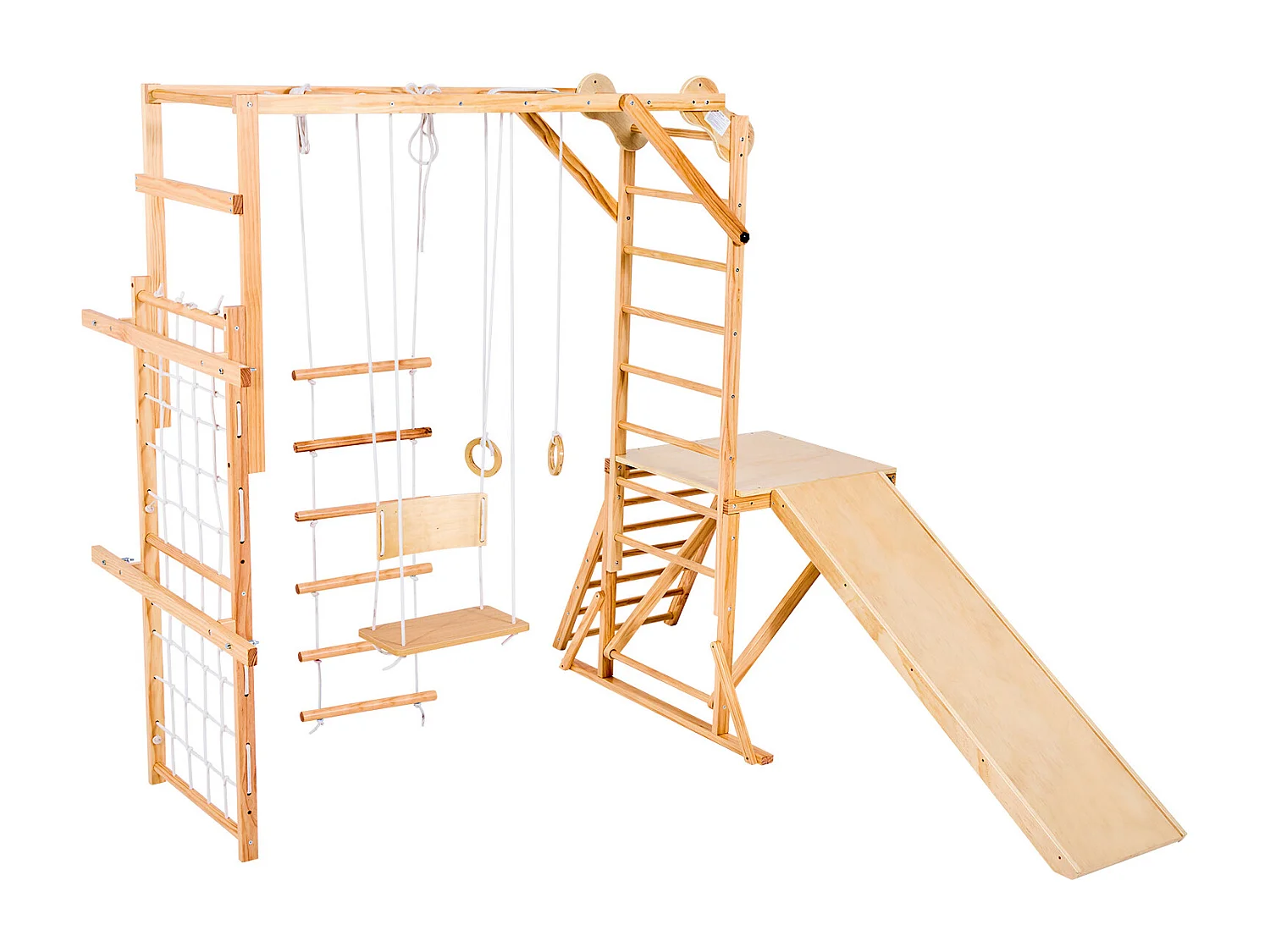 Area Giochi Interna SucceBuy in Legno 8-in-1, con Scivolo, Altalena, Sbarra per Scimmietta, Anelli da Ginnastica, Scala in Legno/Corda, per Bambini