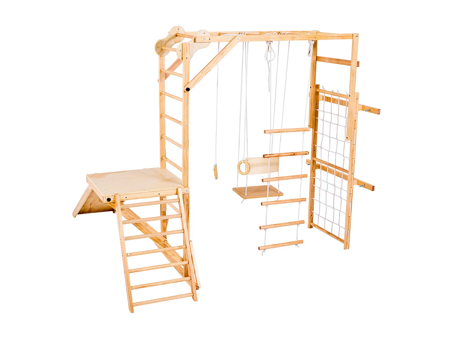 Area Giochi Interna SucceBuy in Legno 8-in-1, con Scivolo, Altalena, Sbarra per Scimmietta, Anelli da Ginnastica, Scala in Legno/Corda, per Bambini