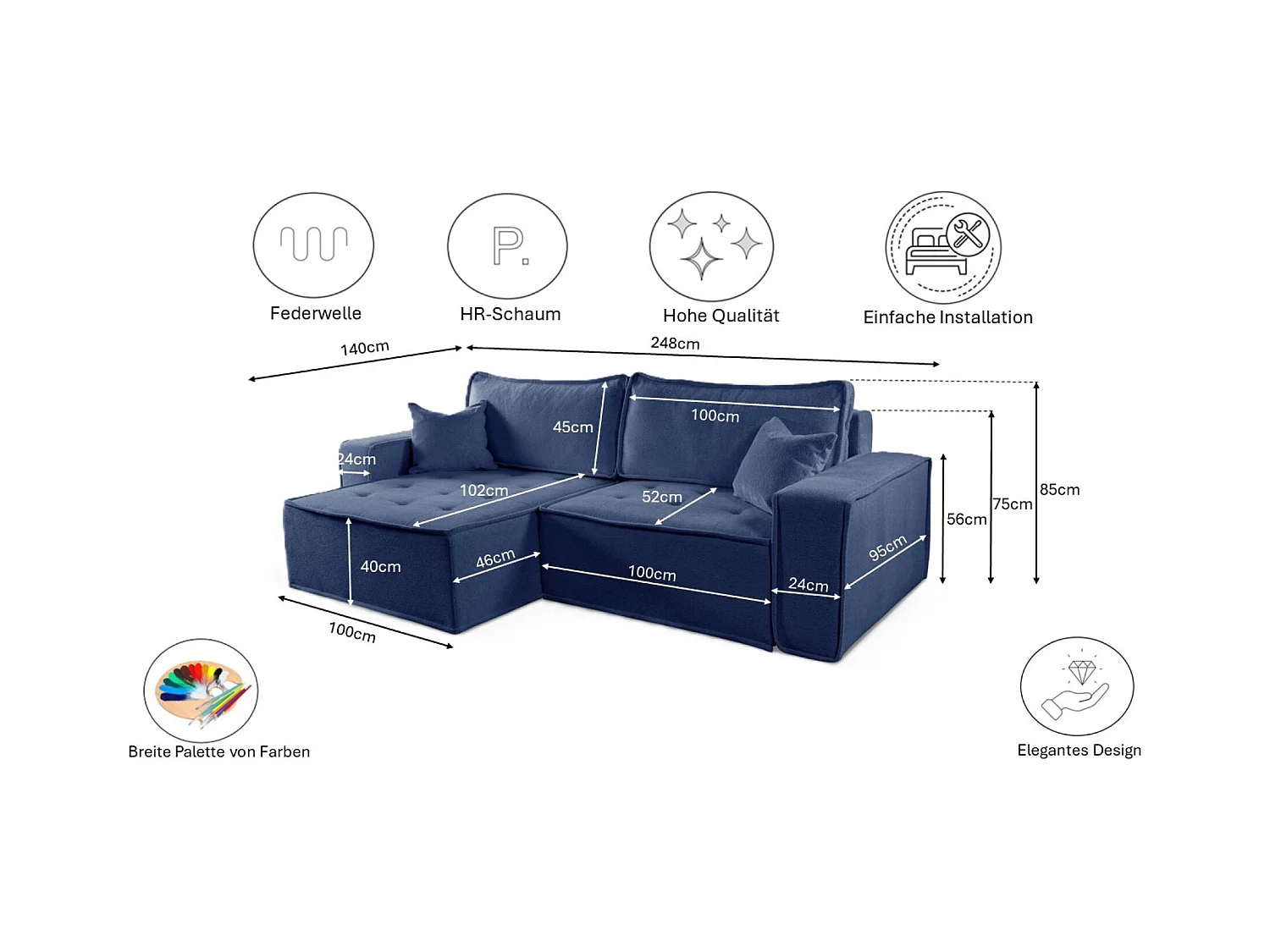 Canapé d'angle Bohoo en L avec convertible, tissu Raven, bleu, gauche