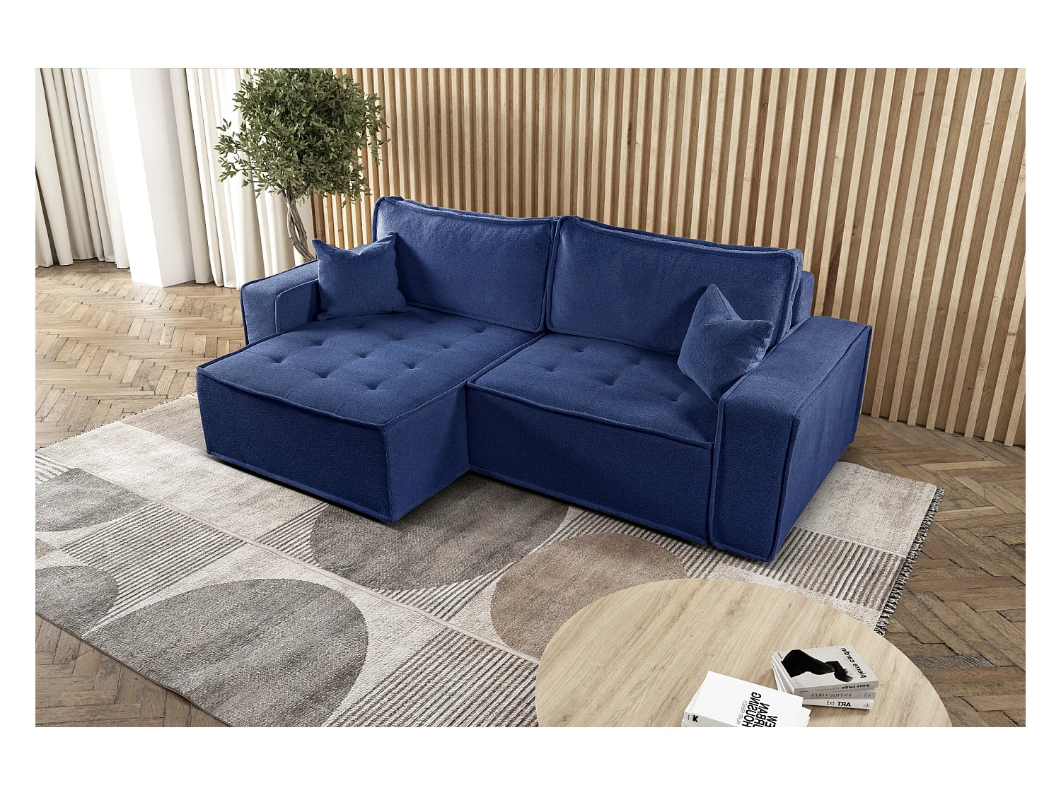 L-förmiges Bohoo-Ecksofa mit Schlaffunktion, Stoff Raven, Blau, Links