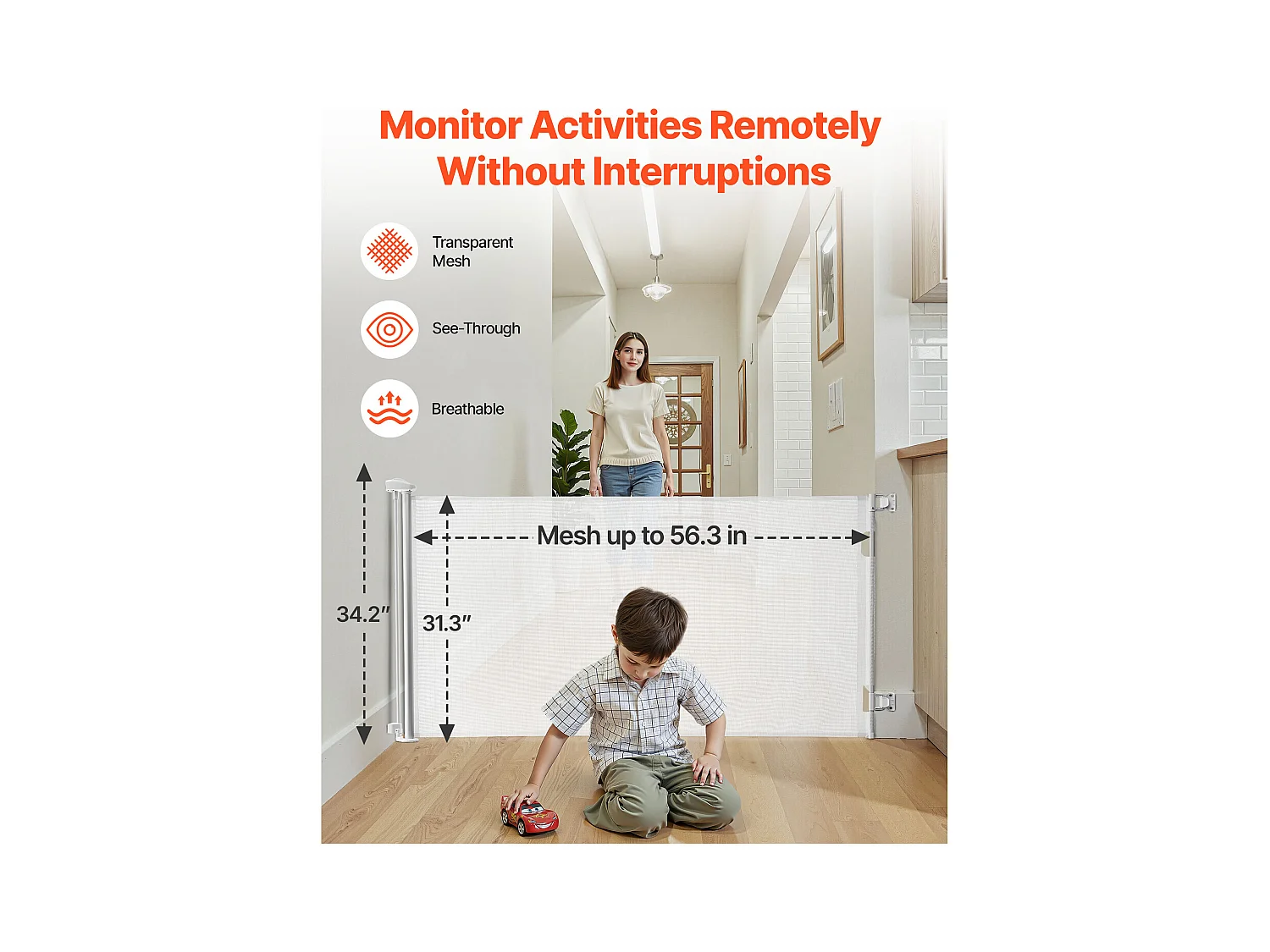 Sicherheitsbarriere SucceBuy Erweiterbar, Zaun aus Mesh 143 cm Breit und 79,5 cm Hoch, Barriere Retraktil für Haustiere, Ideal für Hunde und Katzen
