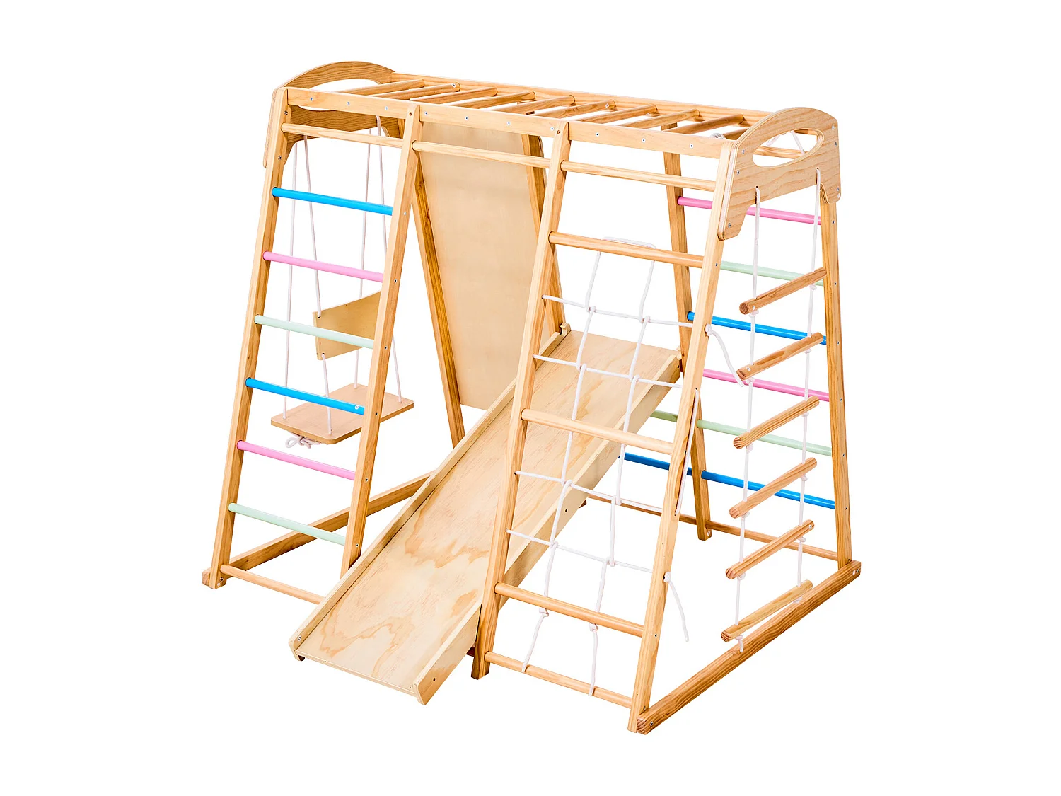 Indoor-Spielplatz SucceBuy aus Holz 7-in-1, mit Schaukel, Affenschaukel, Rutsche, Holzleiter, Strickleiter, Kletternetz und Kletterwand