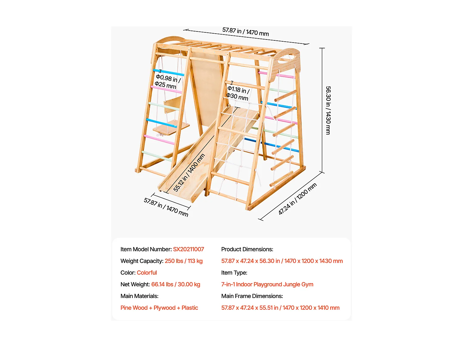 Indoor-Spielplatz SucceBuy aus Holz 7-in-1, mit Schaukel, Affenschaukel, Rutsche, Holzleiter, Strickleiter, Kletternetz und Kletterwand