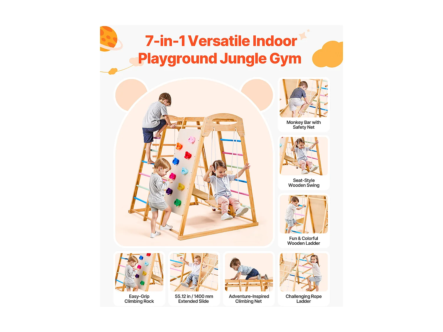 Indoor-Spielplatz SucceBuy aus Holz 7-in-1, mit Schaukel, Affenschaukel, Rutsche, Holzleiter, Strickleiter, Kletternetz und Kletterwand