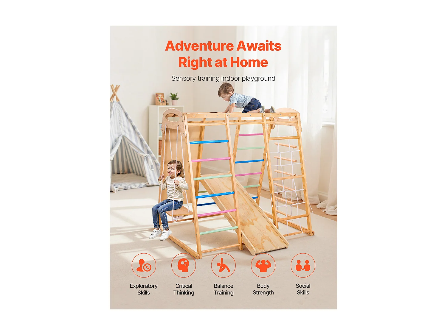 Indoor-Spielplatz SucceBuy aus Holz 7-in-1, mit Schaukel, Affenschaukel, Rutsche, Holzleiter, Strickleiter, Kletternetz und Kletterwand