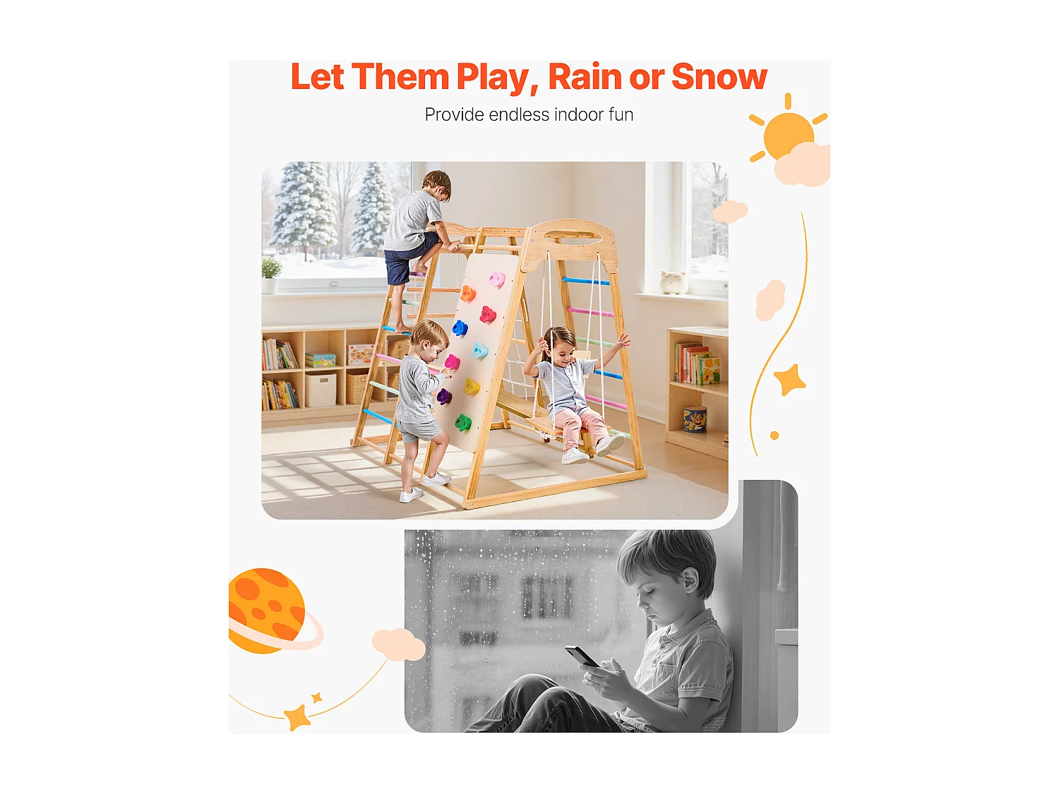 Indoor-Spielplatz SucceBuy aus Holz 7-in-1, mit Schaukel, Affenschaukel, Rutsche, Holzleiter, Strickleiter, Kletternetz und Kletterwand