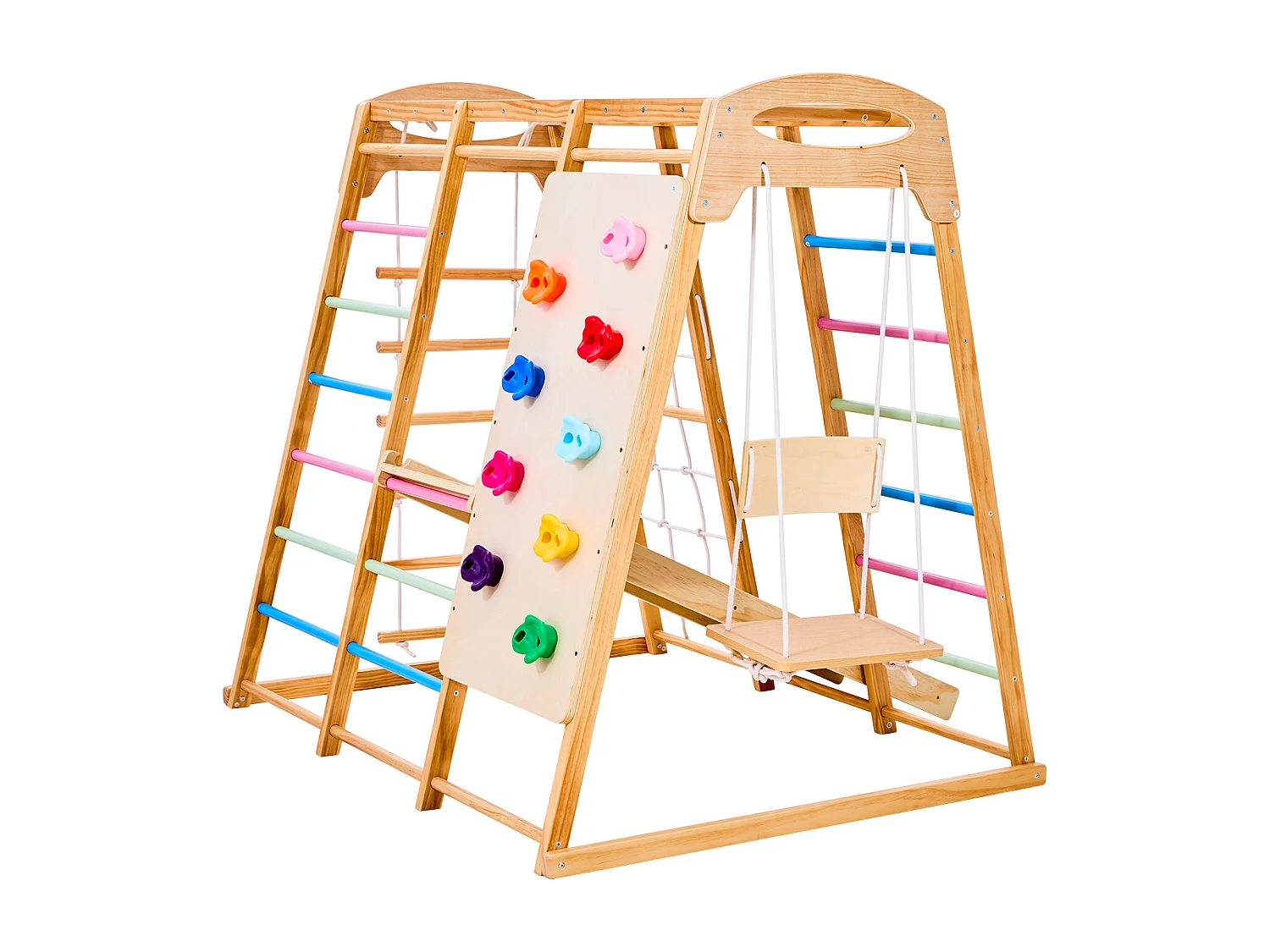 Indoor-Spielplatz SucceBuy aus Holz 7-in-1, mit Schaukel, Affenschaukel, Rutsche, Holzleiter, Strickleiter, Kletternetz und Kletterwand