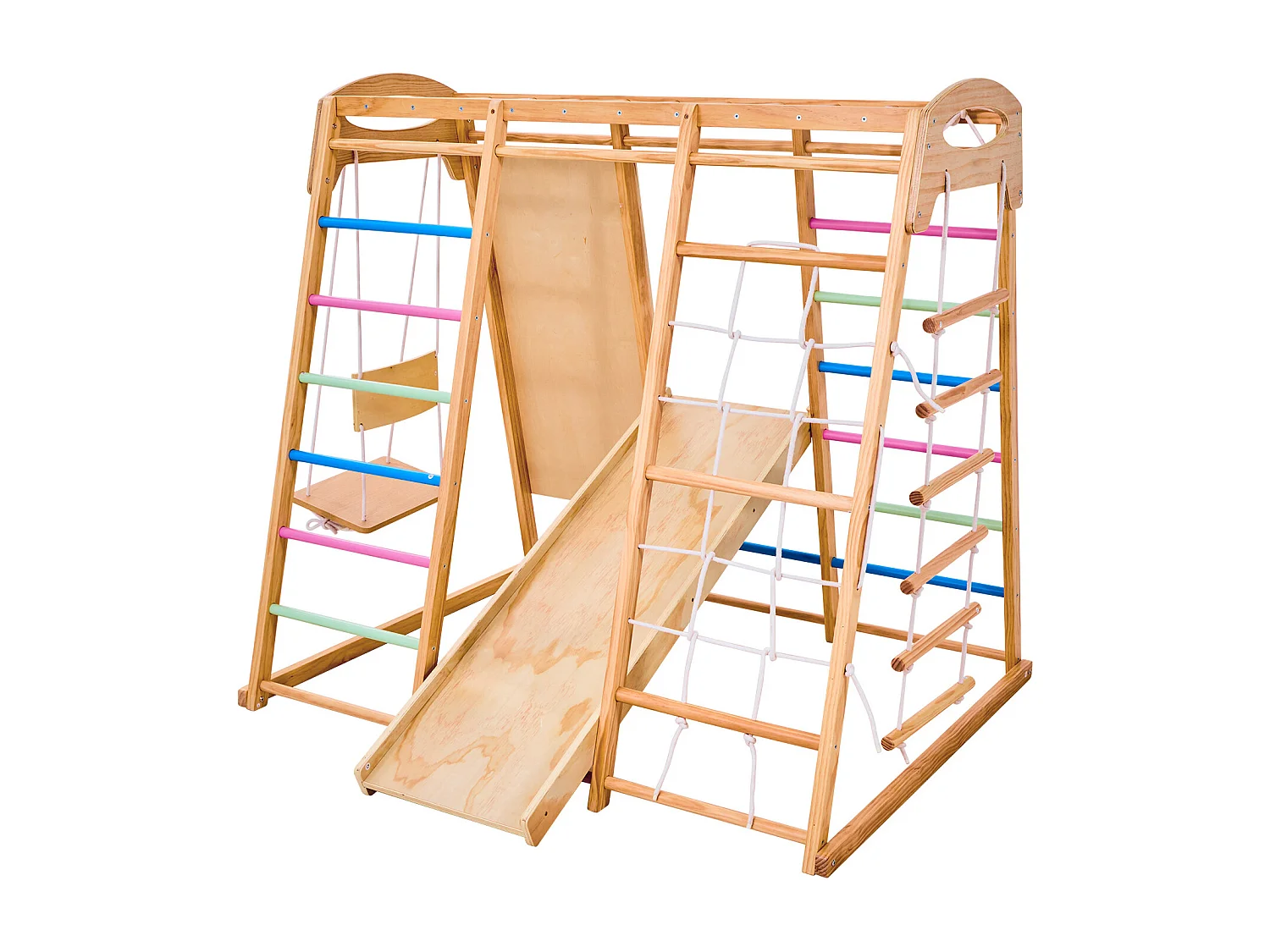 Indoor-Spielplatz SucceBuy aus Holz 7-in-1, mit Schaukel, Affenschaukel, Rutsche, Holzleiter, Strickleiter, Kletternetz und Kletterwand