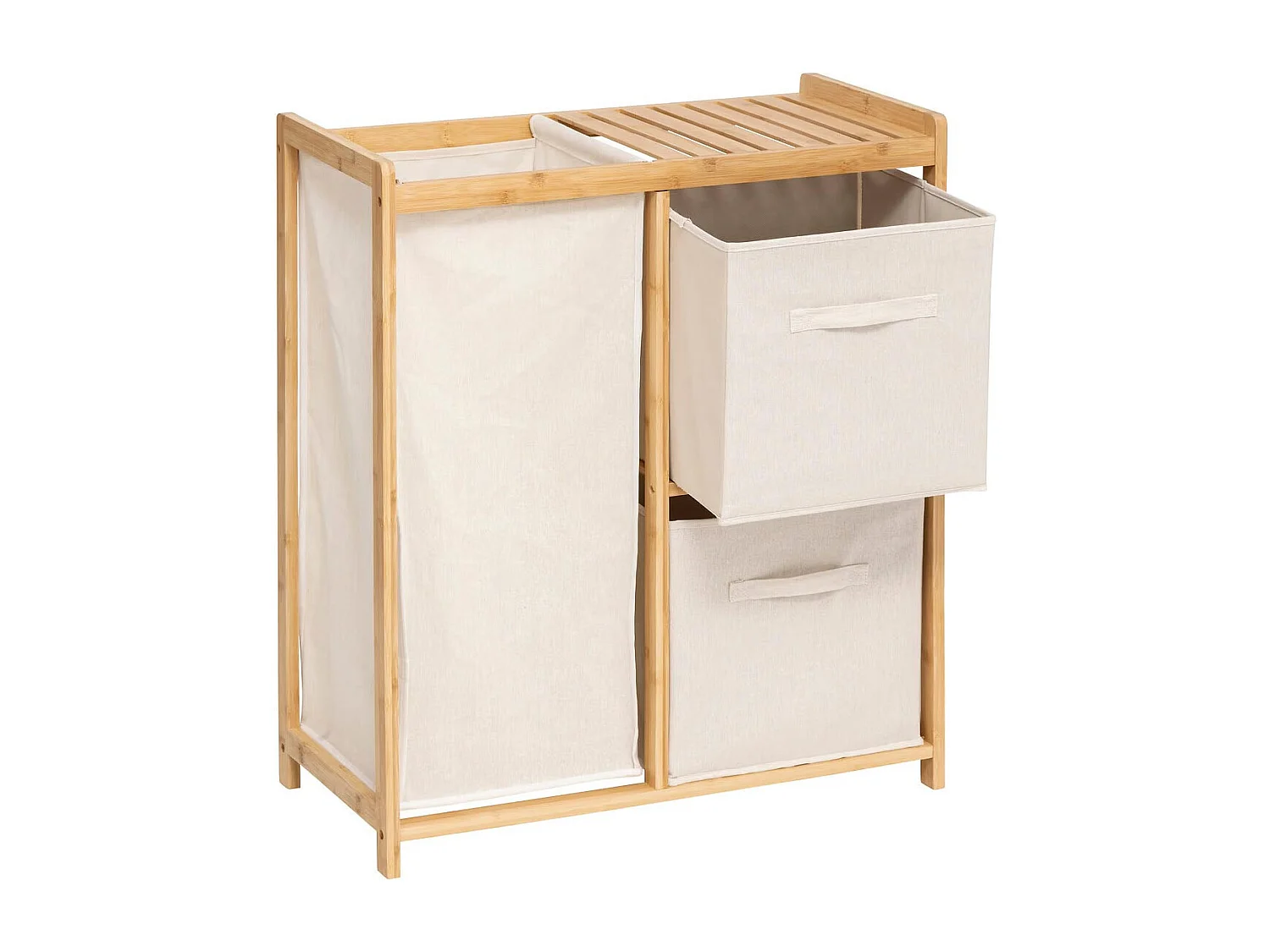 Estantería con cesta para ropa y compartimentos de almacenamiento en bambú