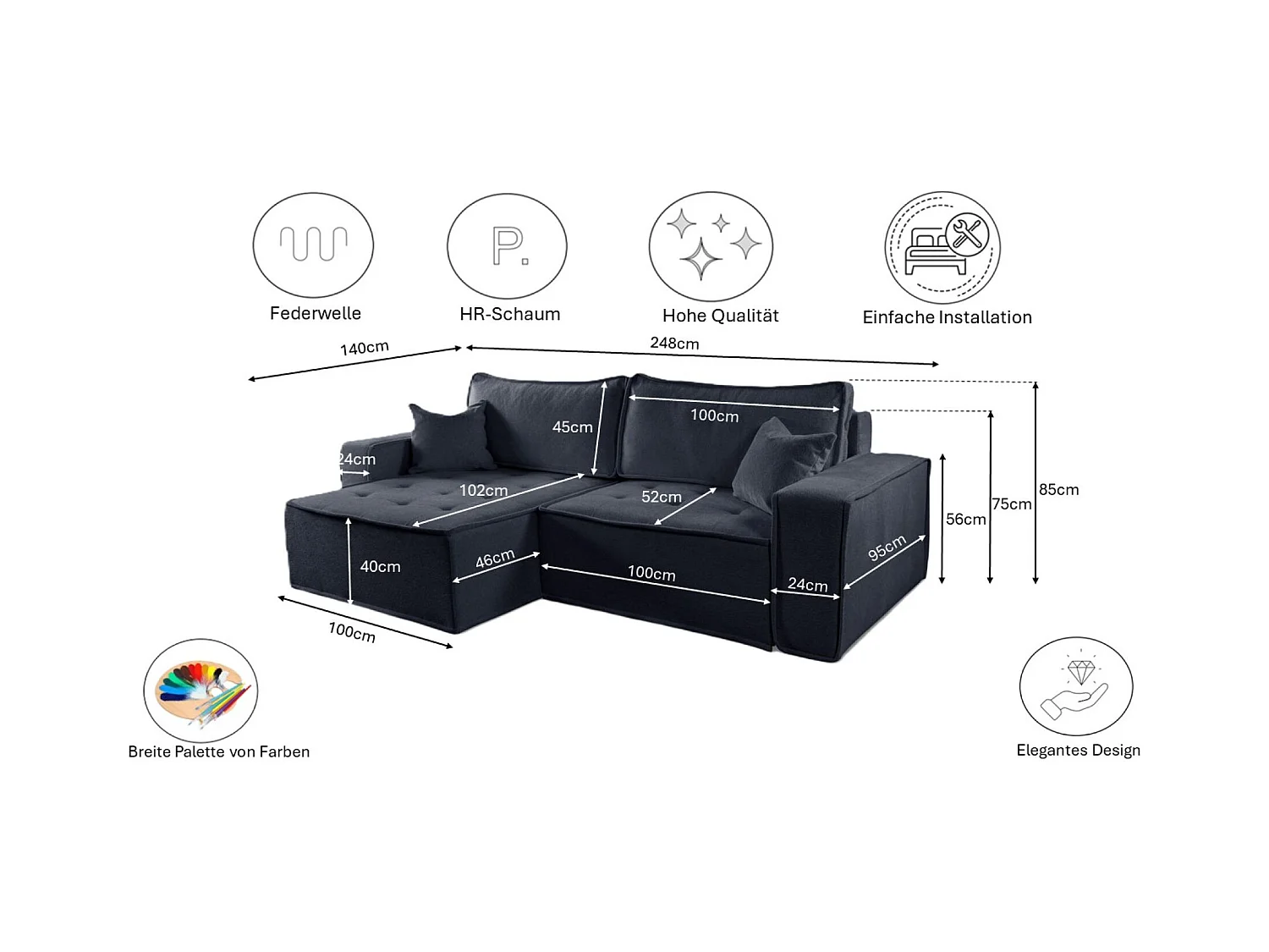 Canapé d'angle Bohoo en L avec convertible, tissu Raven, graphite, gauche