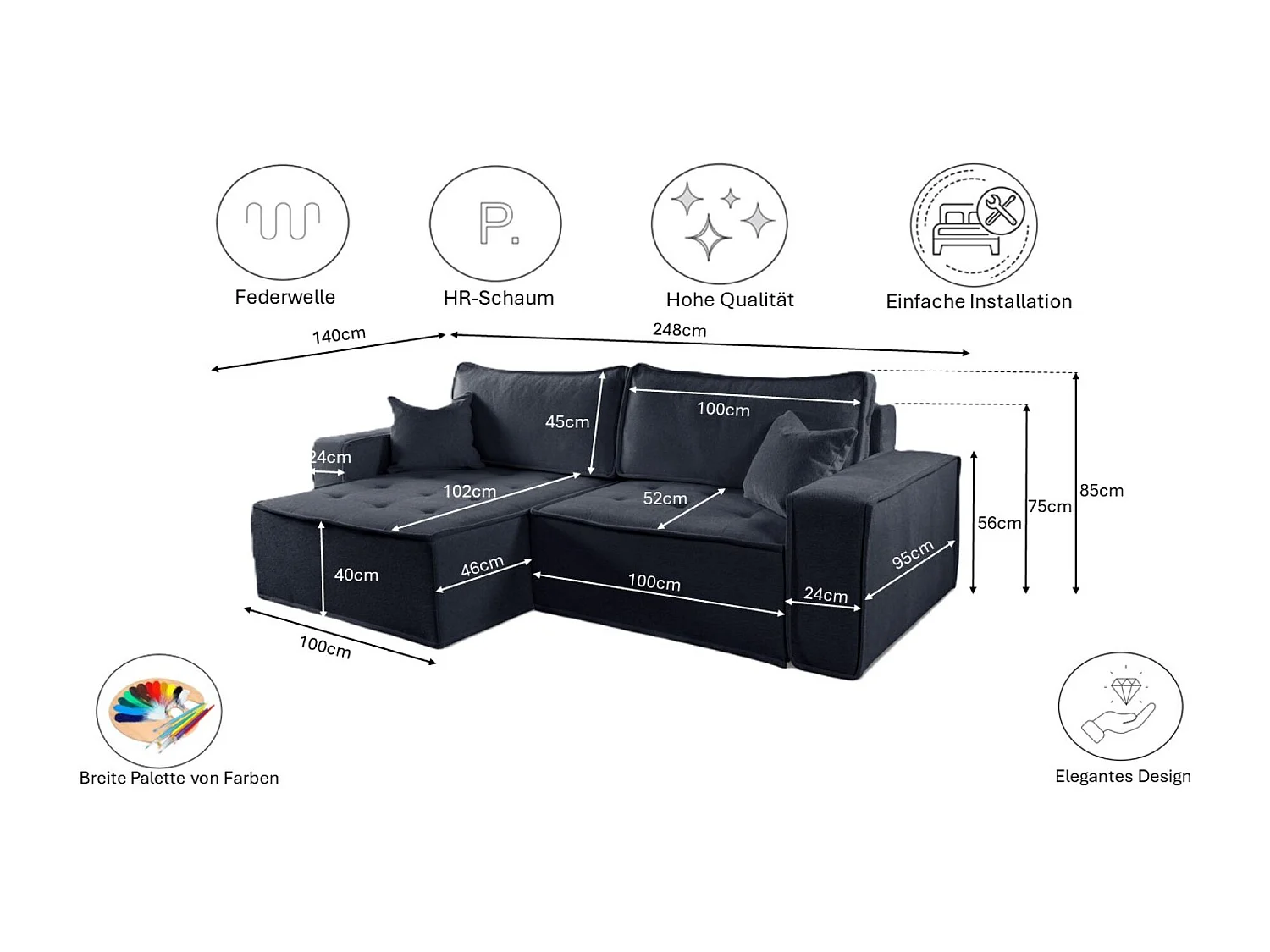 Bohoo L-vormige hoekbank met slaapbank, Raven stof, grafiet, links