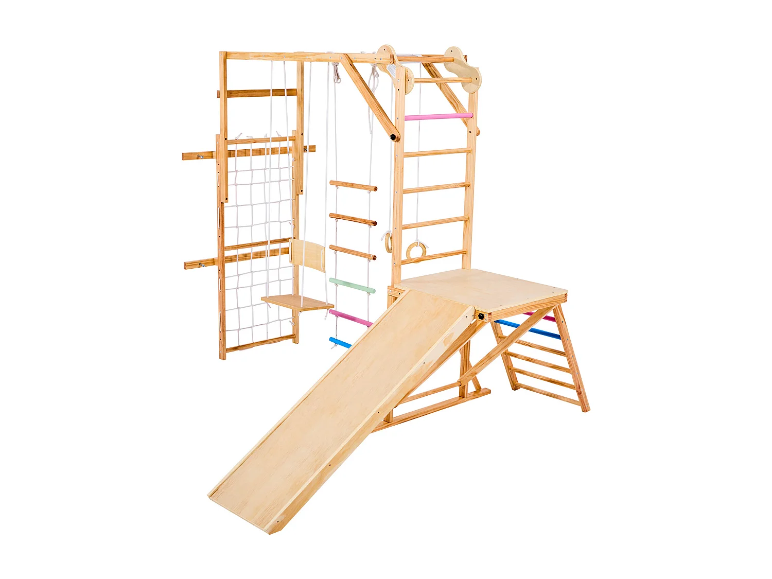 Area Giochi Interna SucceBuy in Legno 8-in-1, con Altalena, Scivolo, Sbarra per Scimmietta, Anelli da Ginnastica, Scala in Legno/Corda, per Bambini