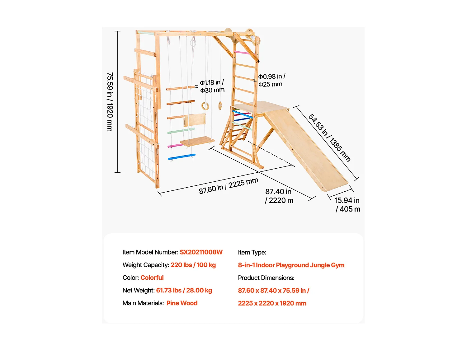 Area Giochi Interna SucceBuy in Legno 8-in-1, con Altalena, Scivolo, Sbarra per Scimmietta, Anelli da Ginnastica, Scala in Legno/Corda, per Bambini