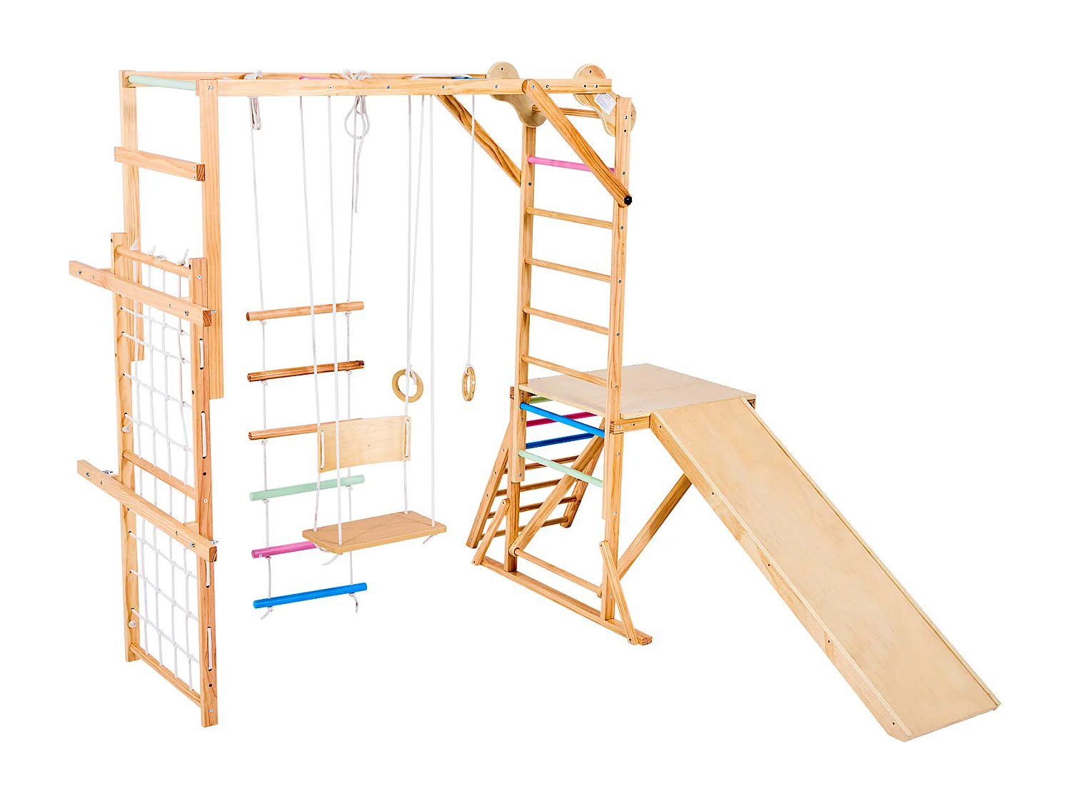 Area Giochi Interna SucceBuy in Legno 8-in-1, con Altalena, Scivolo, Sbarra per Scimmietta, Anelli da Ginnastica, Scala in Legno/Corda, per Bambini