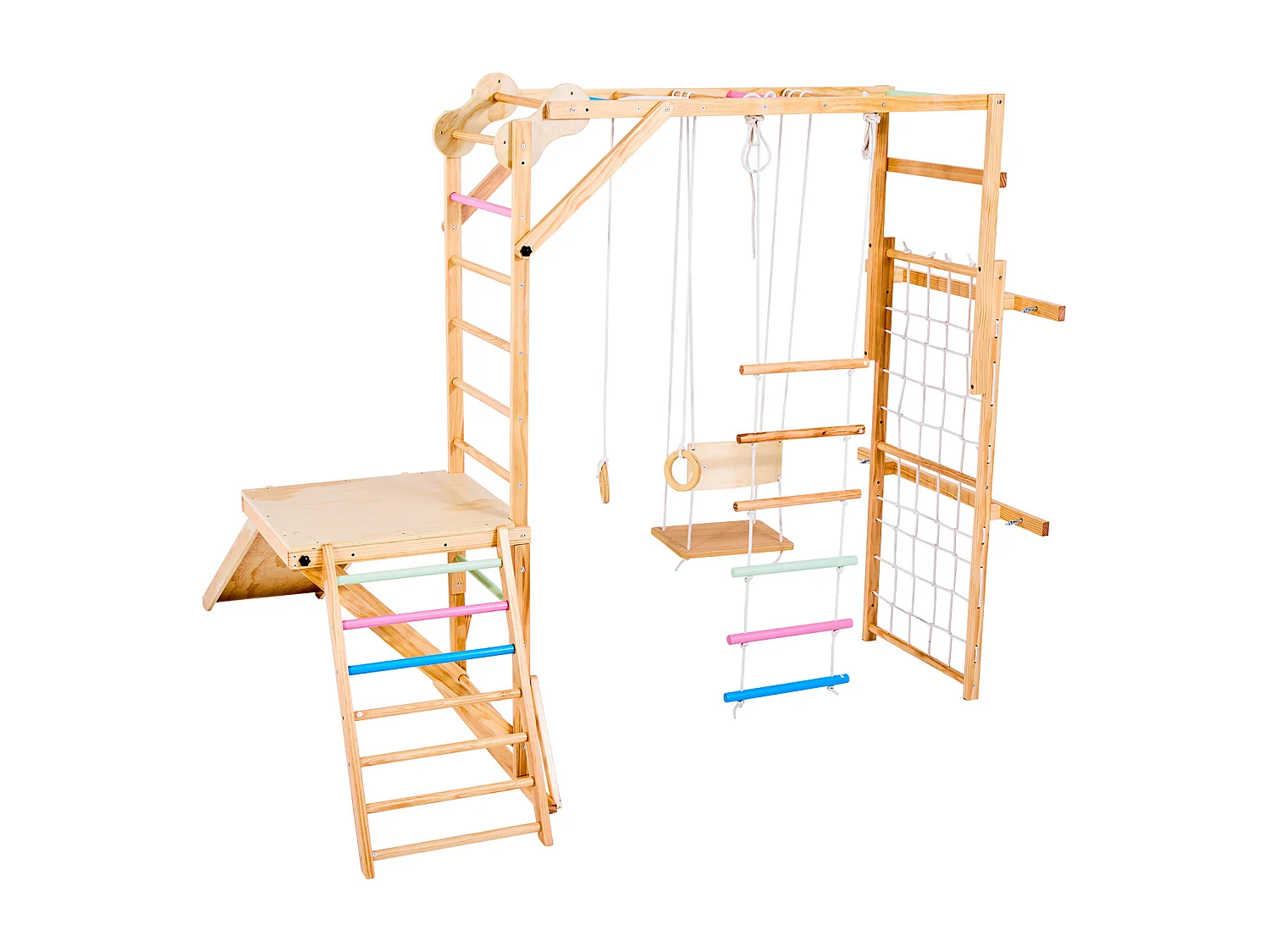 Area Giochi Interna SucceBuy in Legno 8-in-1, con Altalena, Scivolo, Sbarra per Scimmietta, Anelli da Ginnastica, Scala in Legno/Corda, per Bambini