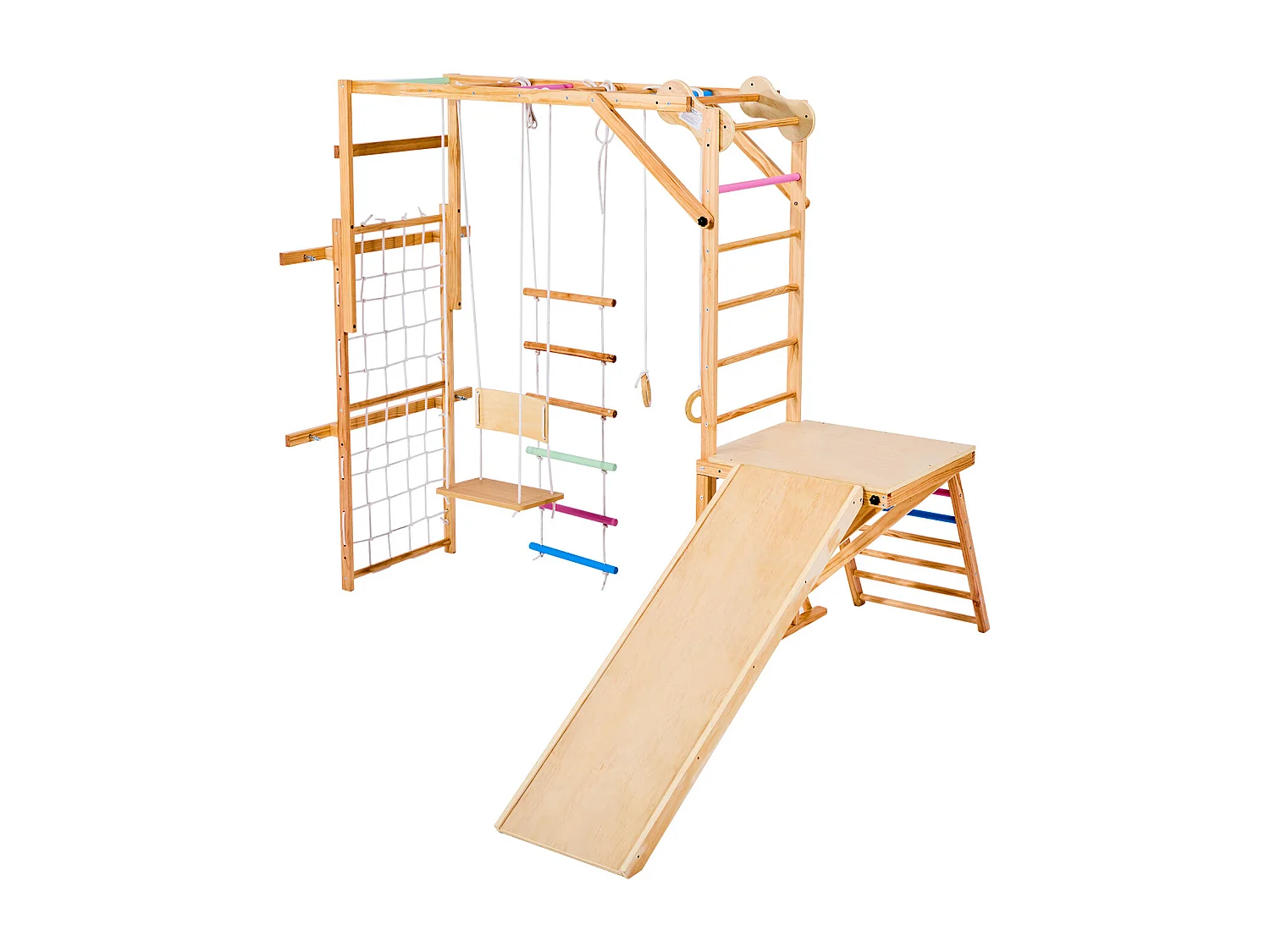 Area Giochi Interna SucceBuy in Legno 8-in-1, con Altalena, Scivolo, Sbarra per Scimmietta, Anelli da Ginnastica, Scala in Legno/Corda, per Bambini