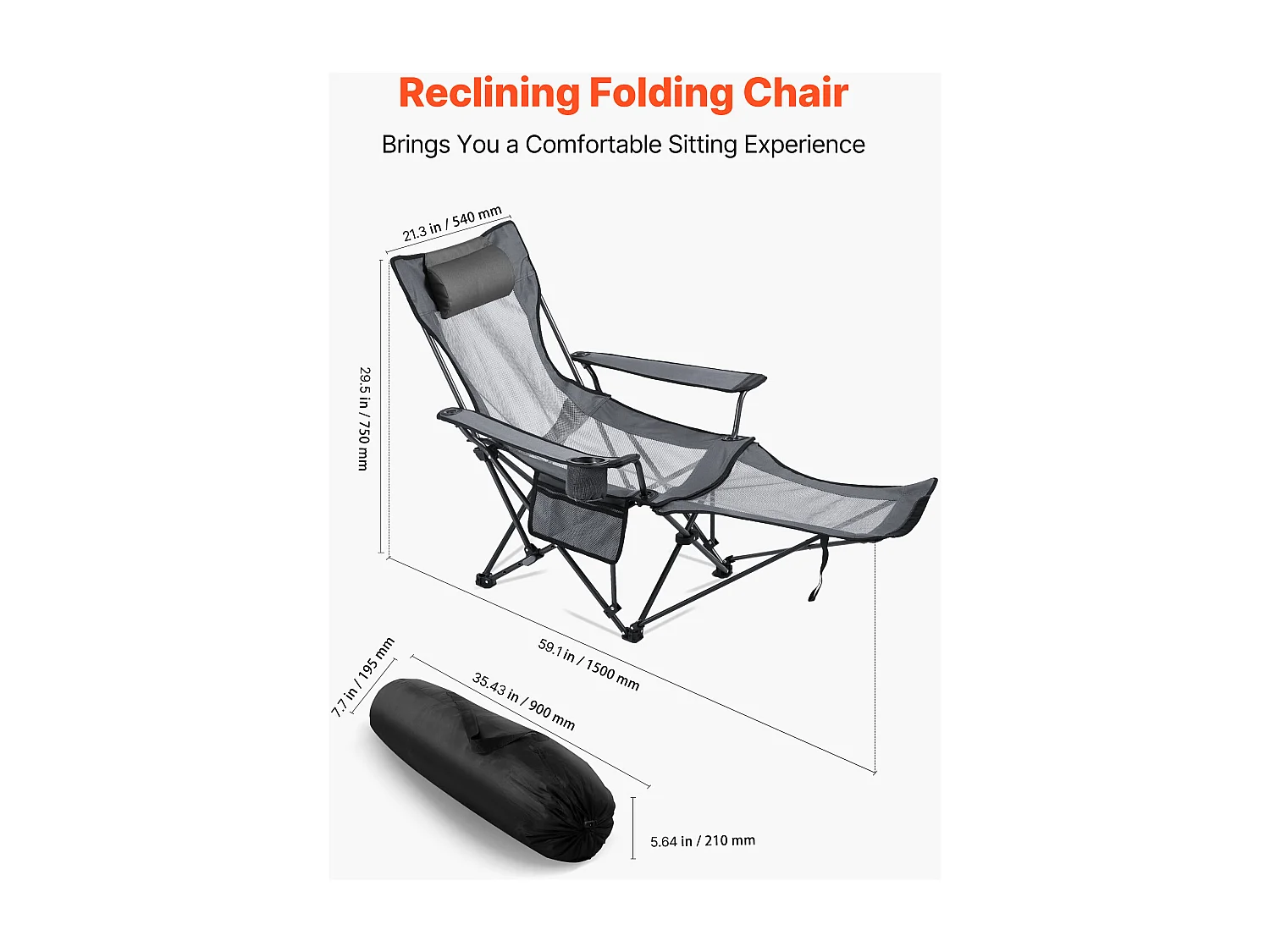 Campingstoel SucceBuy Opvouwbaar, 4 Verstelbare Posities, Draagbare Verstelbare Ligstoel voor Volwassenen, met Voetensteun, Hoofdsteun, Mesh Stof, Grijs