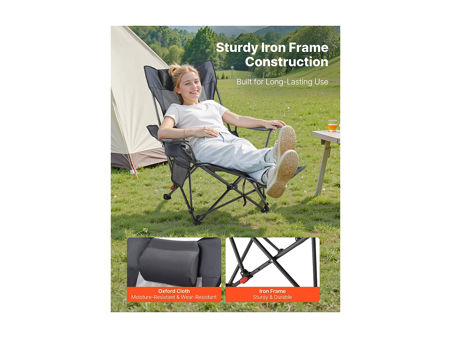 Campingstoel SucceBuy Opvouwbaar, 4 Verstelbare Posities, Draagbare Verstelbare Ligstoel voor Volwassenen, met Voetensteun, Hoofdsteun, Mesh Stof, Grijs