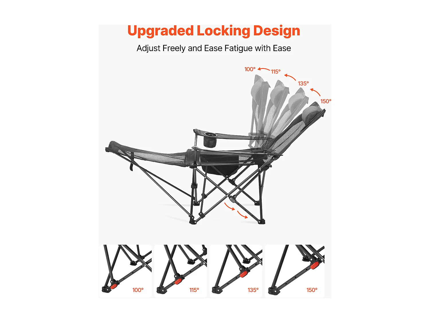 Campingstoel SucceBuy Opvouwbaar, 4 Verstelbare Posities, Draagbare Verstelbare Ligstoel voor Volwassenen, met Voetensteun, Hoofdsteun, Mesh Stof, Grijs